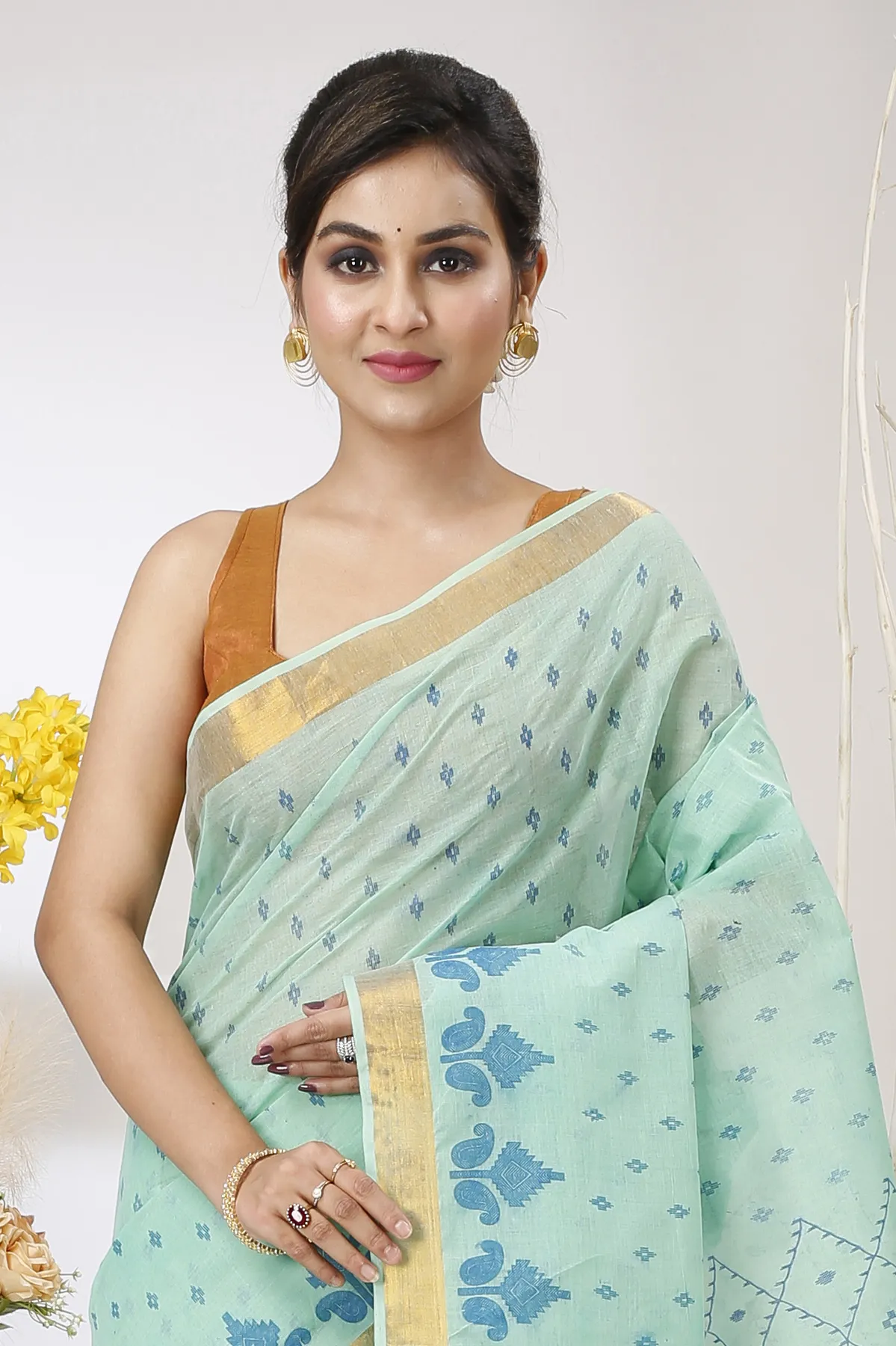 DipDiya Pure Cotton Cyan Luvya Woven with Love Printed Tant Sarees