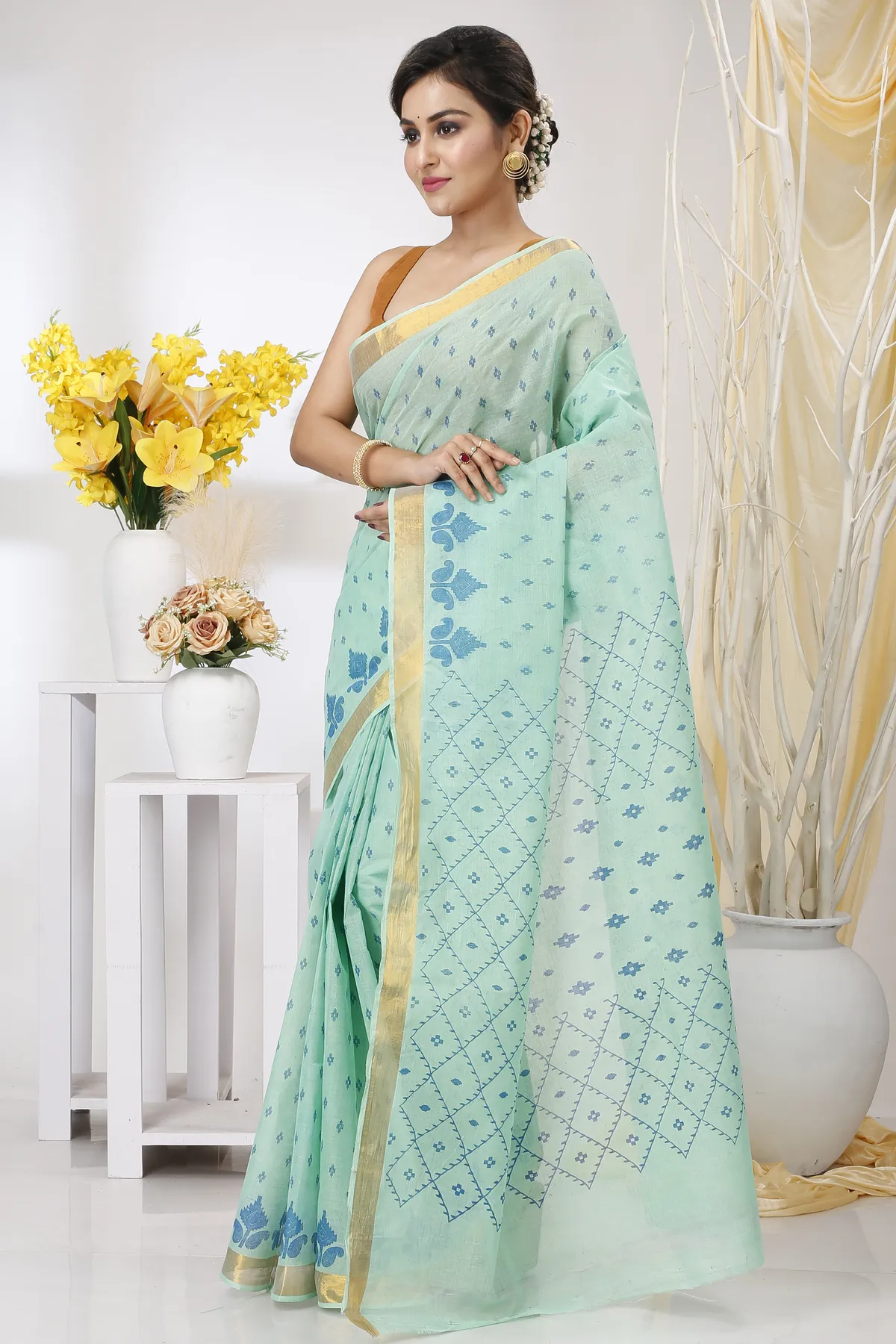 DipDiya Pure Cotton Cyan Luvya Woven with Love Printed Tant Sarees