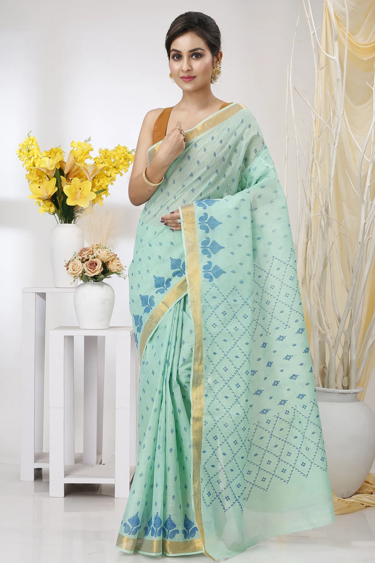 DipDiya Pure Cotton Cyan Luvya Woven with Love Printed Tant Sarees