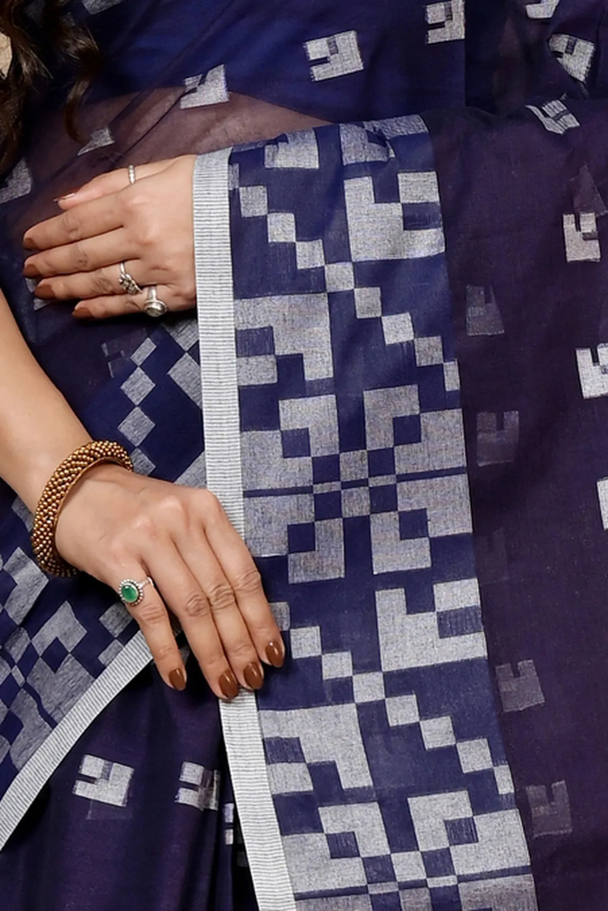 DipDiya Pure Cotton Dark Blue Aptuk Woven by Hand Tant Sarees