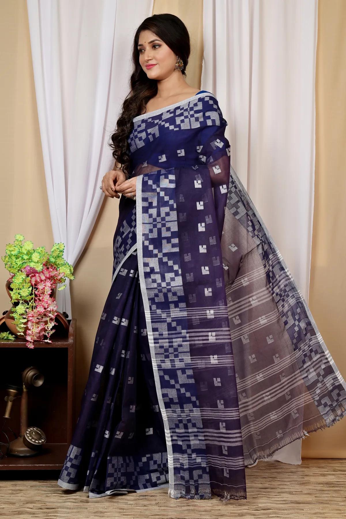 DipDiya Pure Cotton Dark Blue Aptuk Woven by Hand Tant Sarees