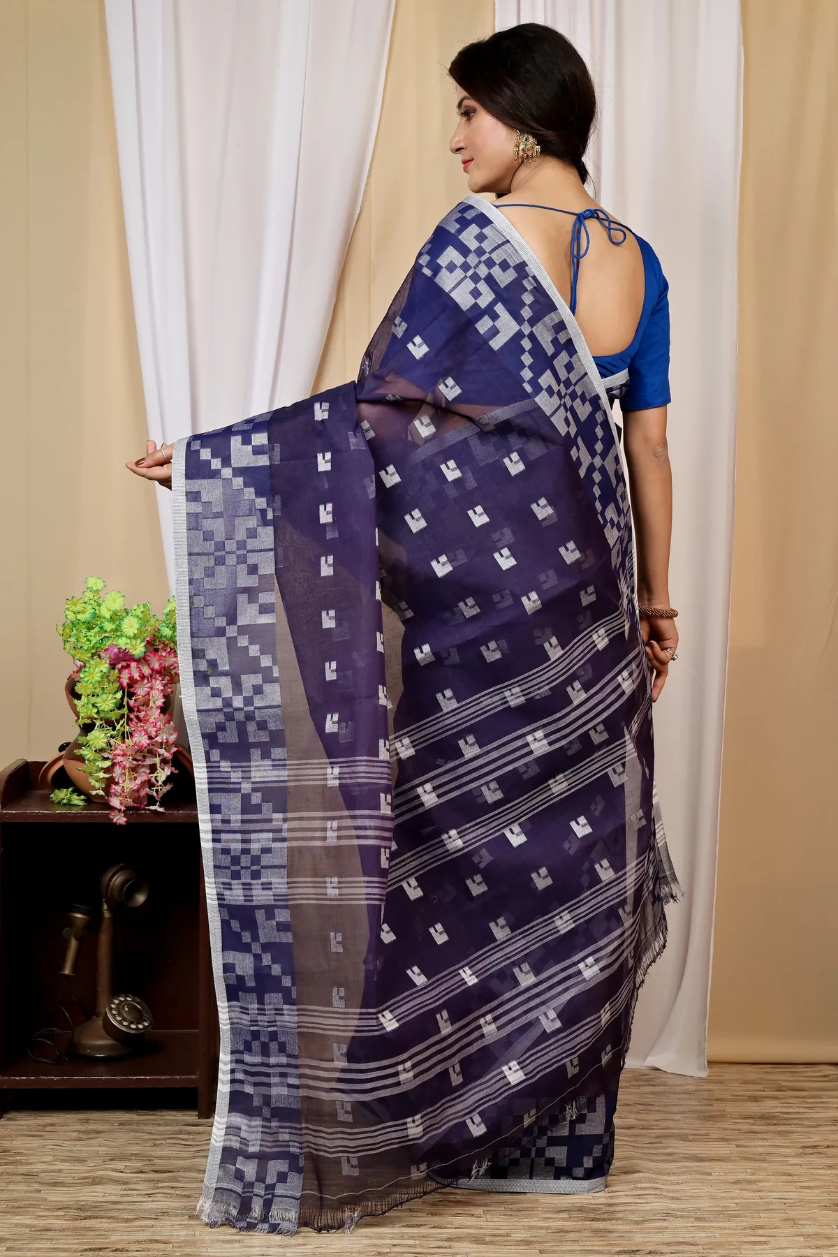 DipDiya Pure Cotton Dark Blue Aptuk Woven by Hand Tant Sarees