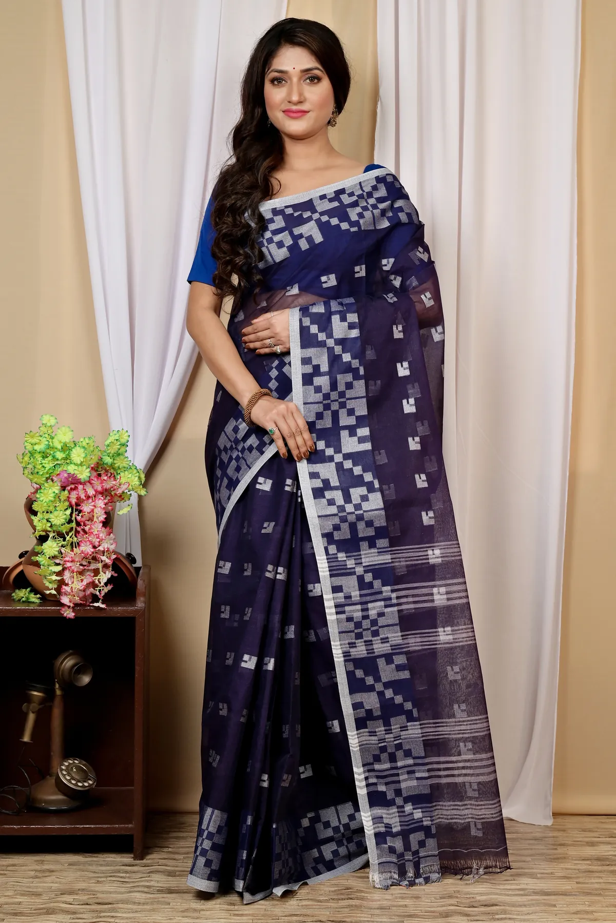 DipDiya Pure Cotton Dark Blue Aptuk Woven by Hand Tant Sarees