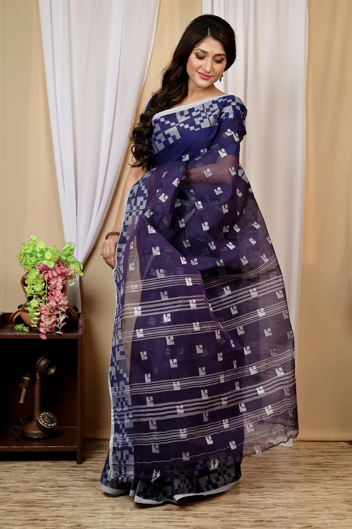 DipDiya Pure Cotton Dark Blue Aptuk Woven by Hand Tant Sarees