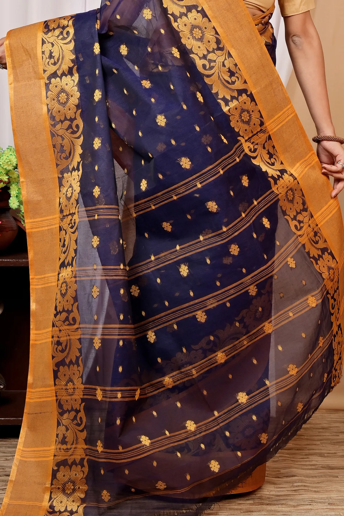 DipDiya Pure Cotton Dark Blue Heruka Classic Grace Tant Sarees