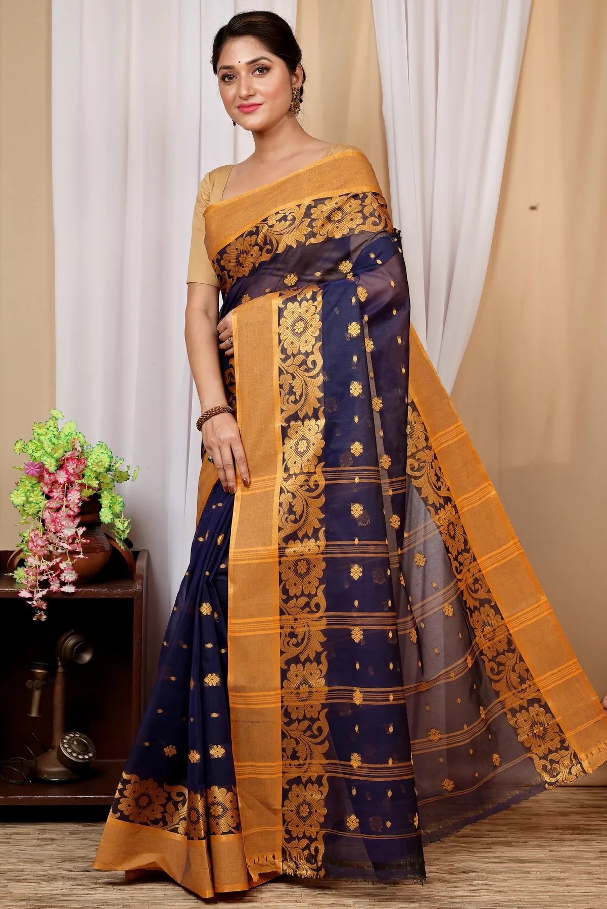 DipDiya Pure Cotton Dark Blue Heruka Classic Grace Tant Sarees