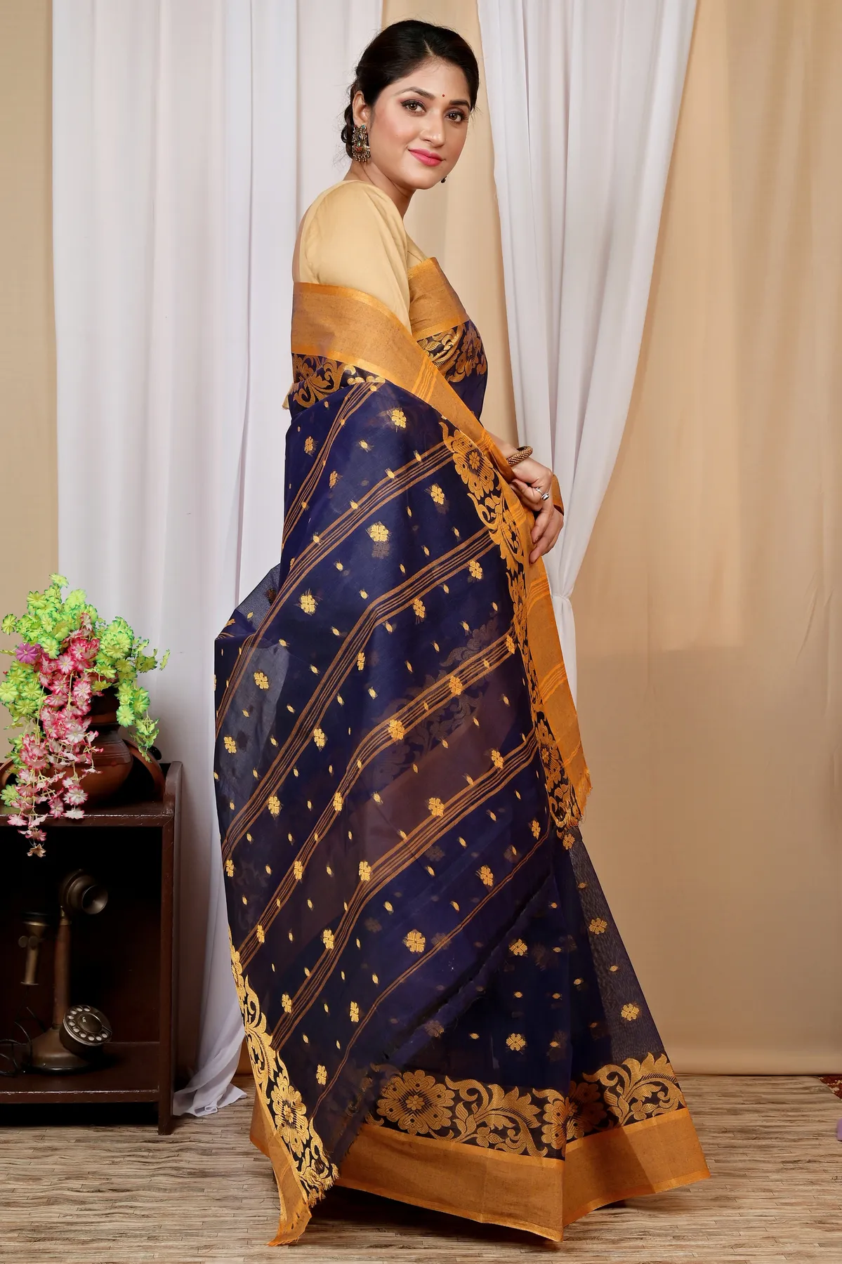 DipDiya Pure Cotton Dark Blue Heruka Classic Grace Tant Sarees