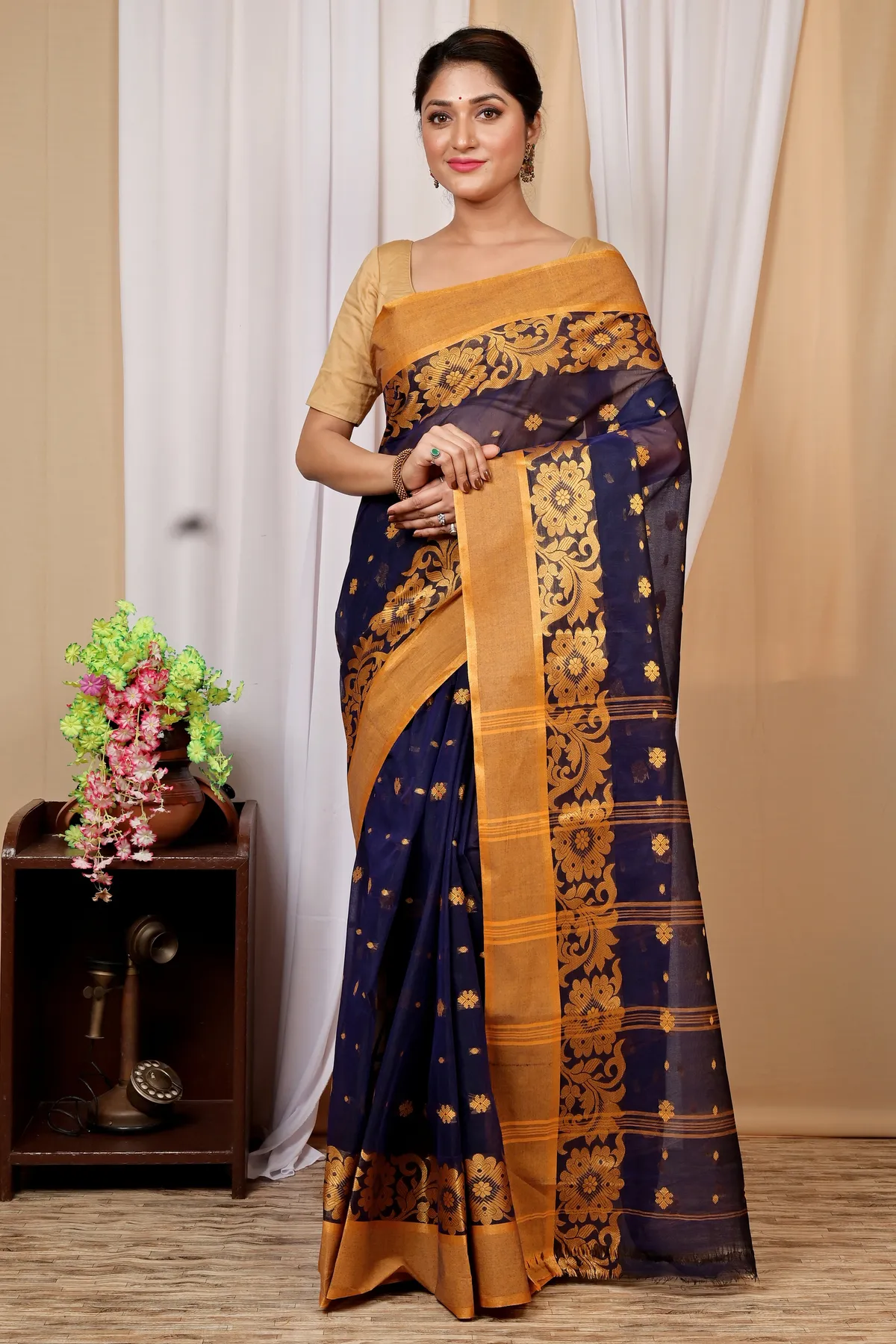DipDiya Pure Cotton Dark Blue Heruka Classic Grace Tant Sarees