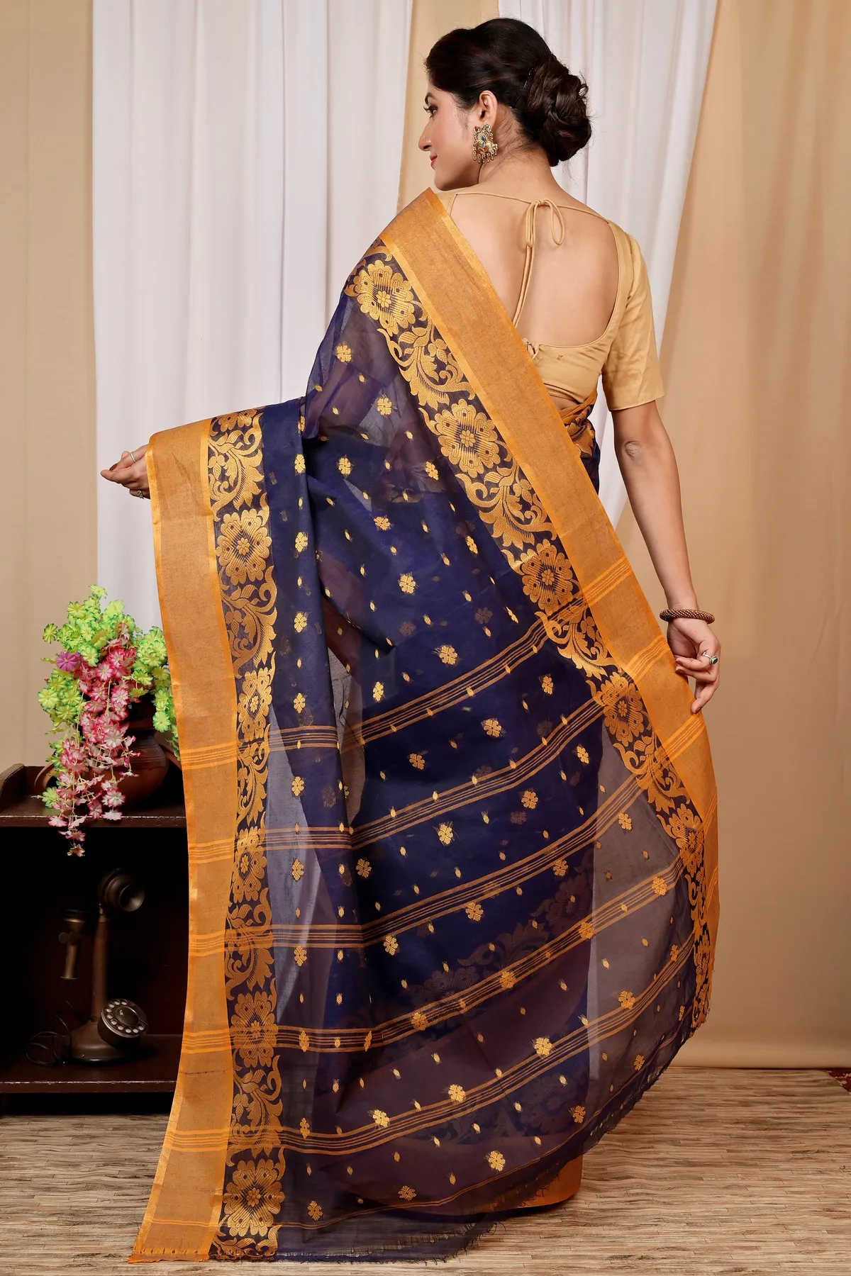 DipDiya Pure Cotton Dark Blue Heruka Classic Grace Tant Sarees