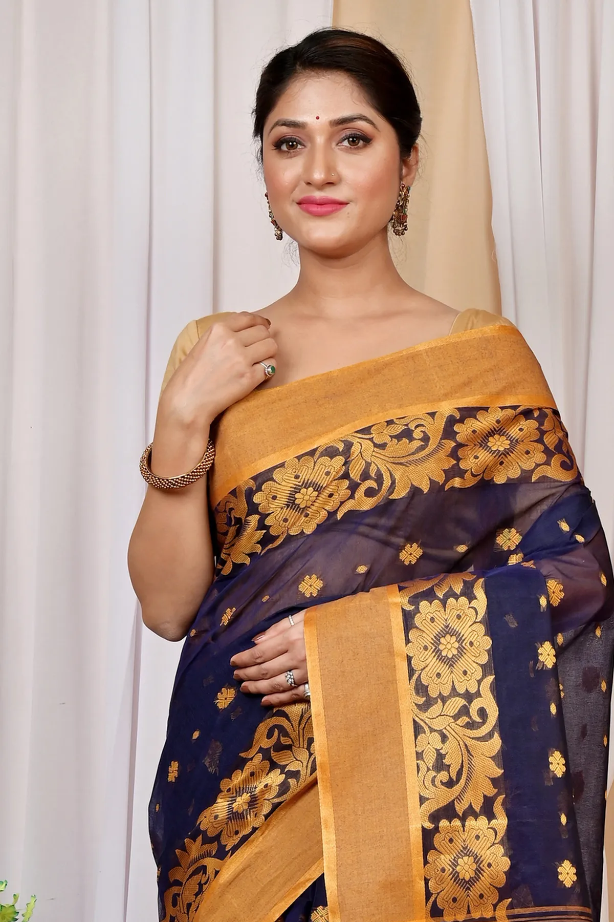DipDiya Pure Cotton Dark Blue Heruka Classic Grace Tant Sarees