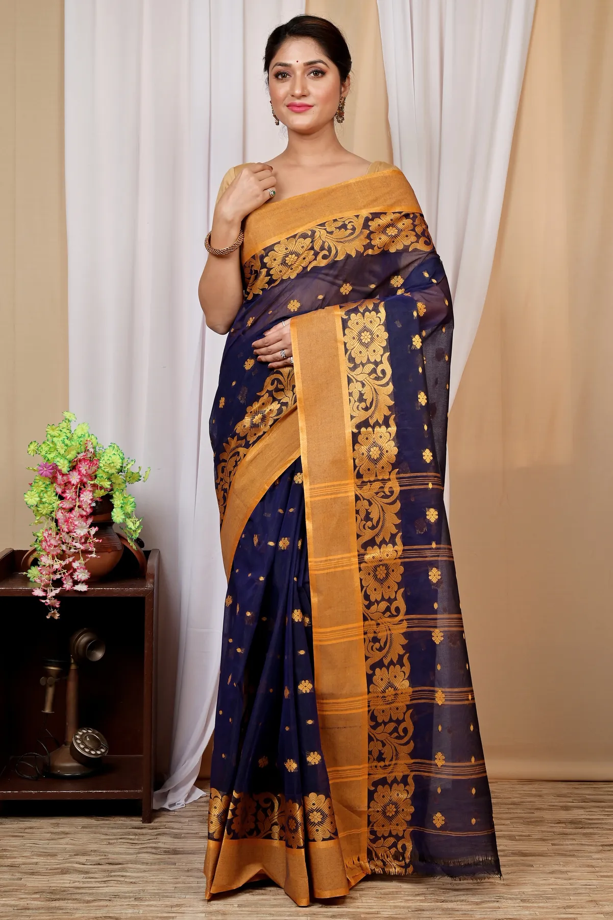 DipDiya Pure Cotton Dark Blue Heruka Classic Grace Tant Sarees