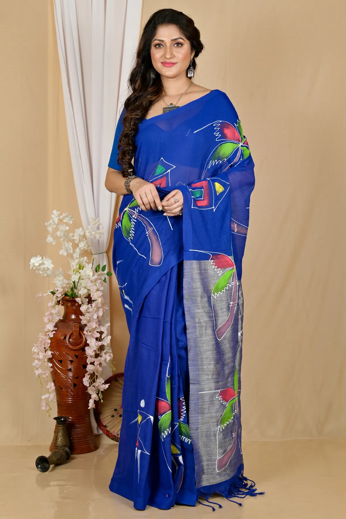 DipDiya Pure Cotton Dark Blue Keshaka Wrapped in Heritage Hand Painted Sarees