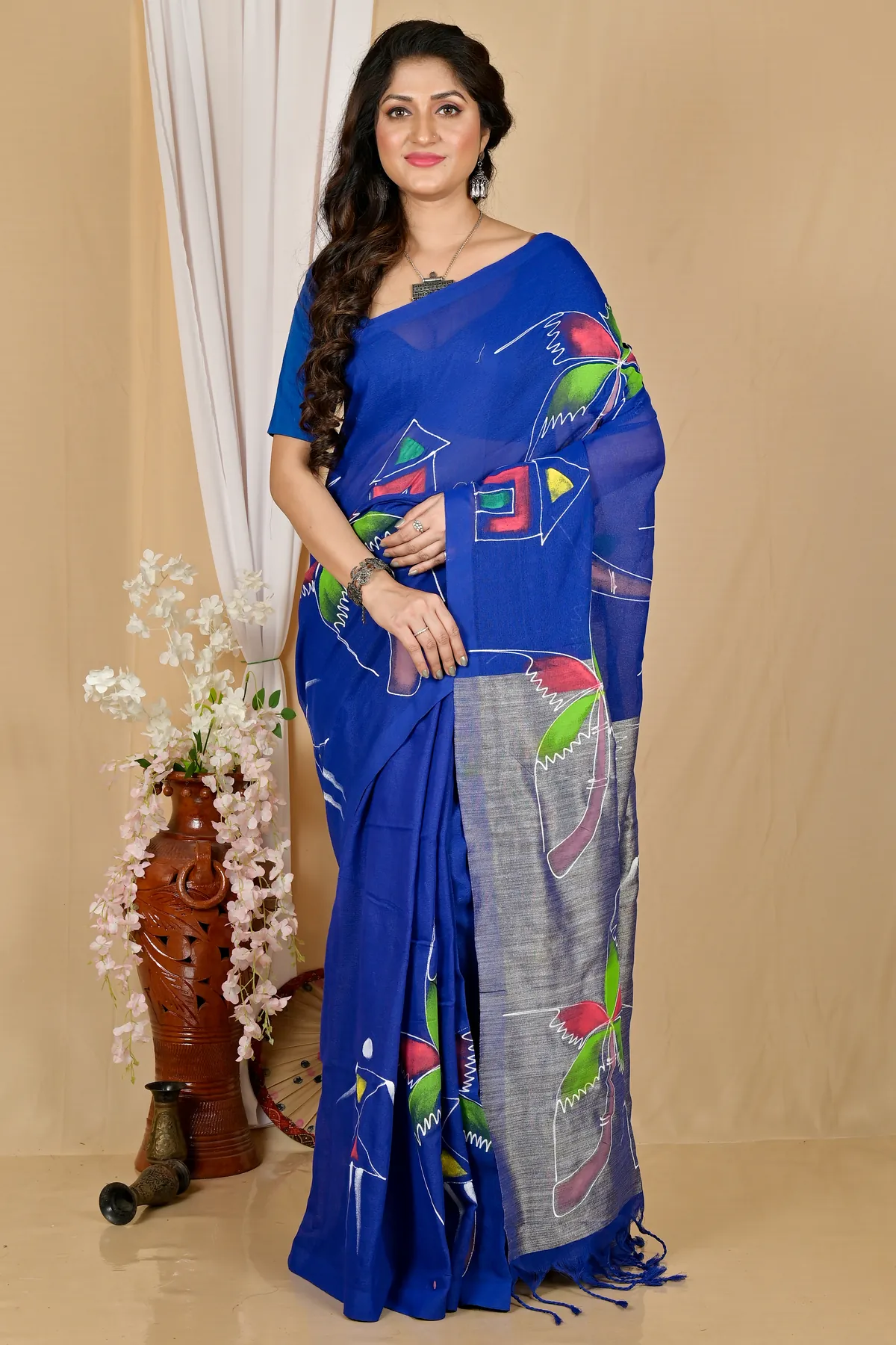 DipDiya Pure Cotton Dark Blue Keshaka Wrapped in Heritage Hand Painted Sarees