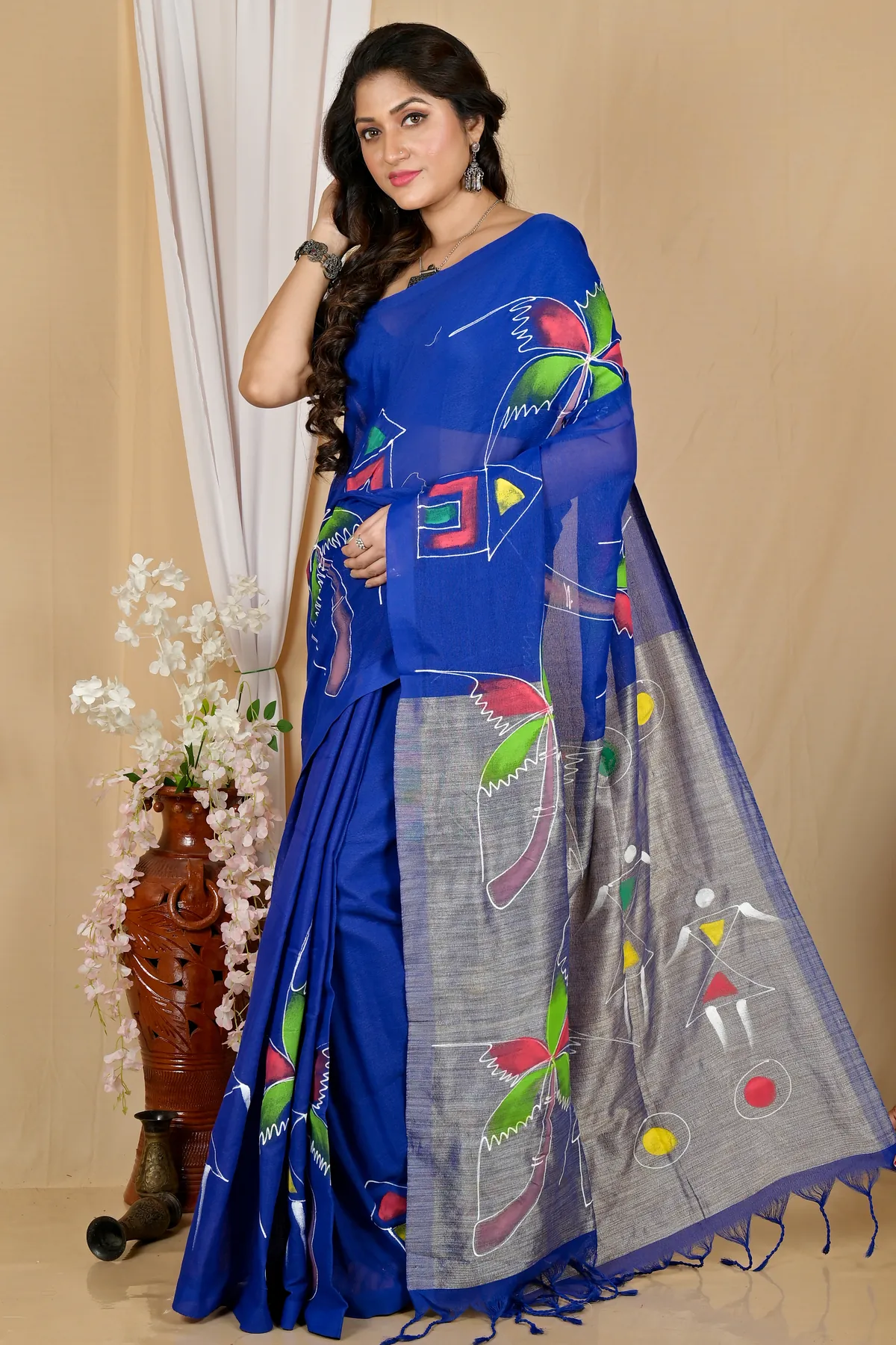 DipDiya Pure Cotton Dark Blue Keshaka Wrapped in Heritage Hand Painted Sarees