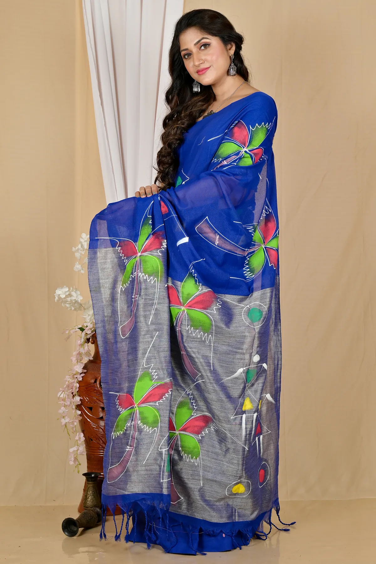 DipDiya Pure Cotton Dark Blue Keshaka Wrapped in Heritage Hand Painted Sarees