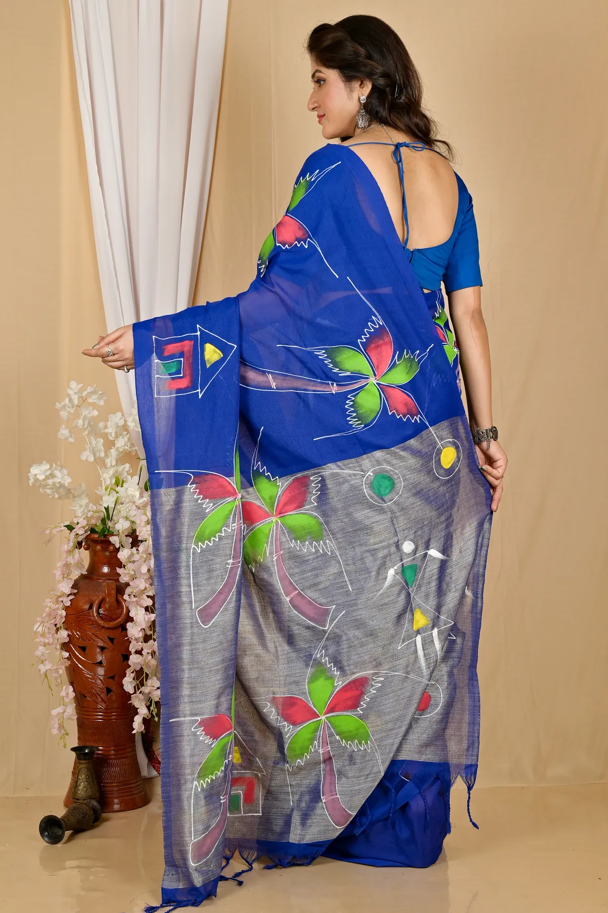 DipDiya Pure Cotton Dark Blue Keshaka Wrapped in Heritage Hand Painted Sarees