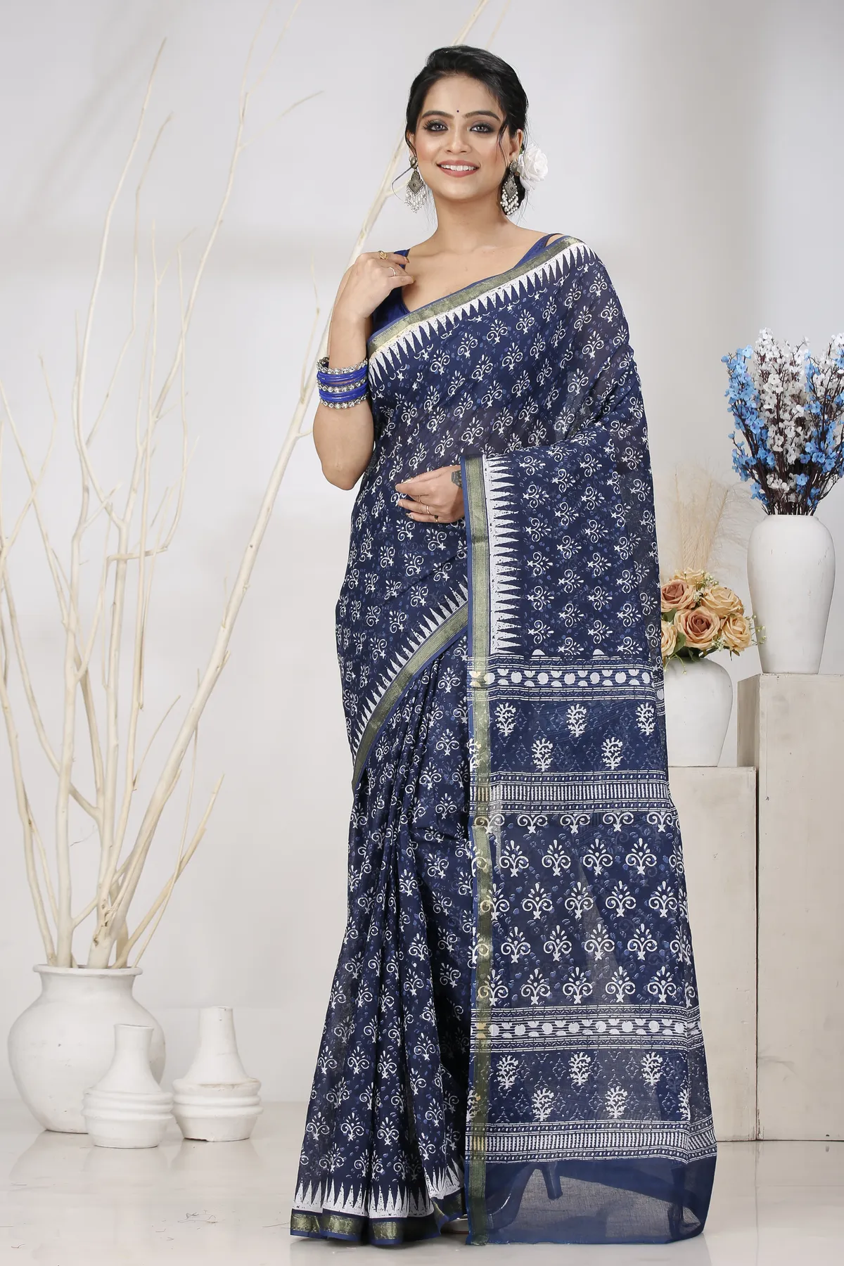 DipDiya Pure Cotton Dark Blue Mela Wrapped in Heritage Printed Handloom Sarees