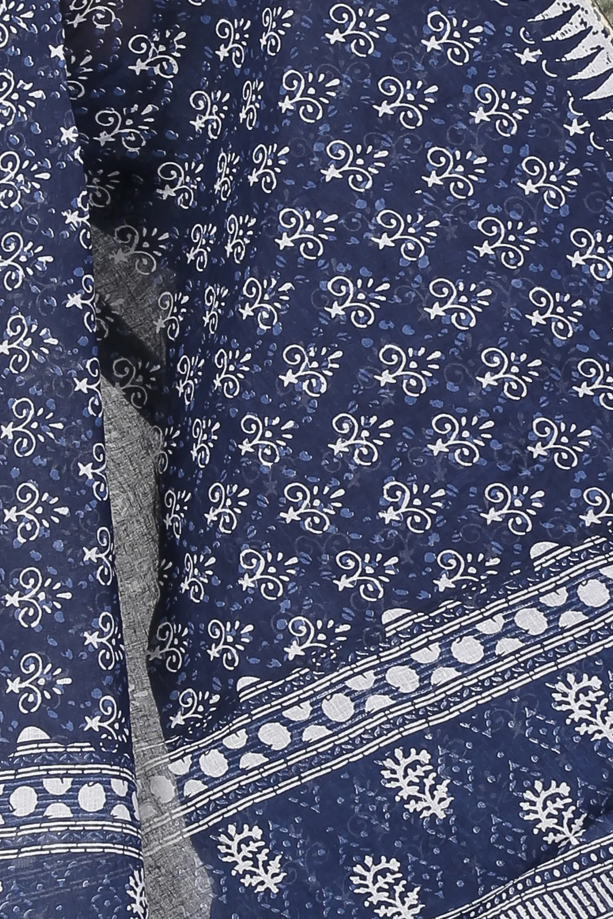DipDiya Pure Cotton Dark Blue Mela Wrapped in Heritage Printed Handloom Sarees