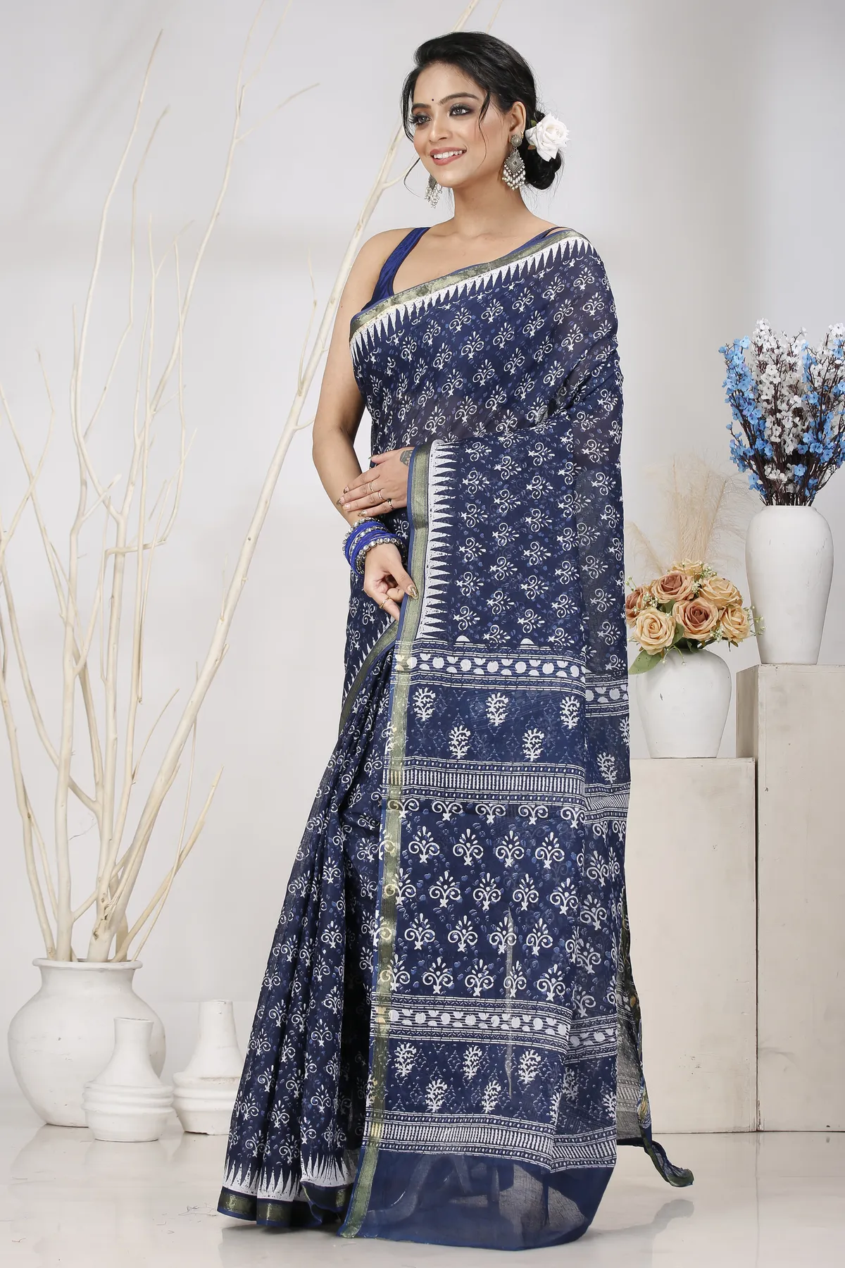 DipDiya Pure Cotton Dark Blue Mela Wrapped in Heritage Printed Handloom Sarees
