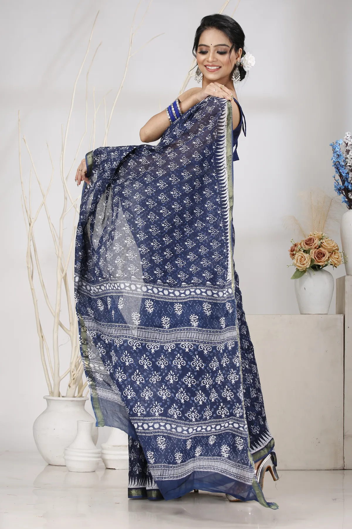 DipDiya Pure Cotton Dark Blue Mela Wrapped in Heritage Printed Handloom Sarees