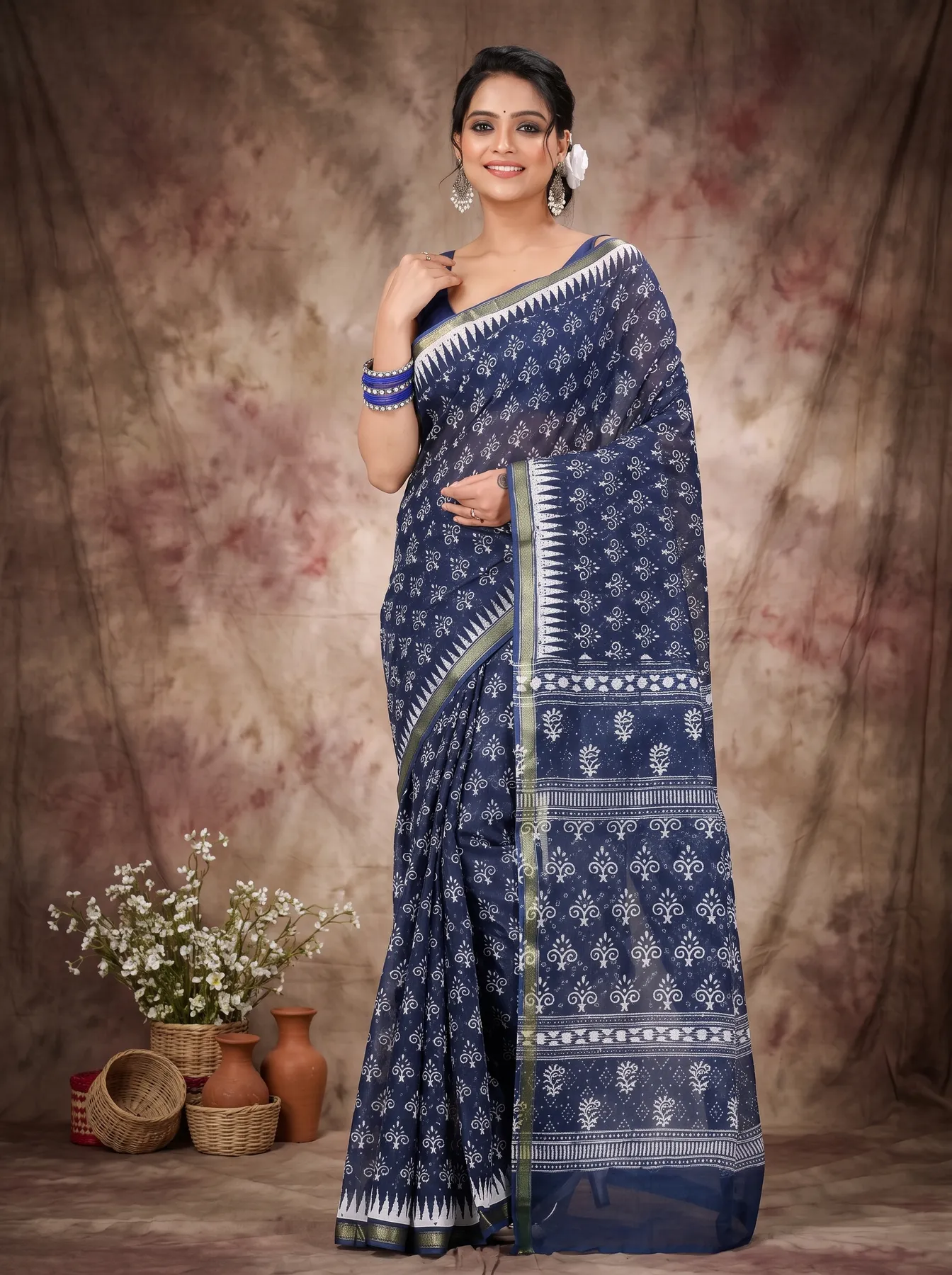 DipDiya Pure Cotton Dark Blue Mela Wrapped in Heritage Printed Handloom Sarees