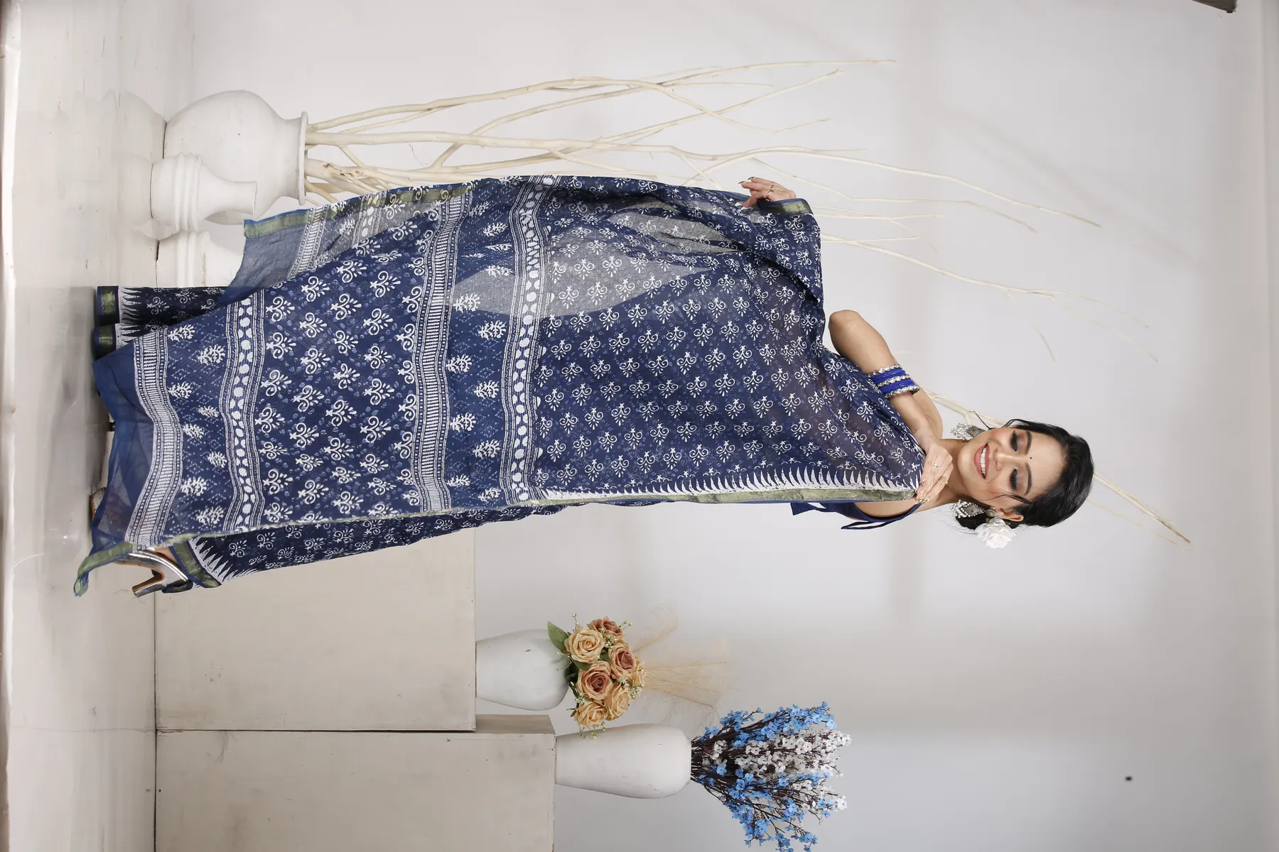DipDiya Pure Cotton Dark Blue Mela Wrapped in Heritage Printed Handloom Sarees