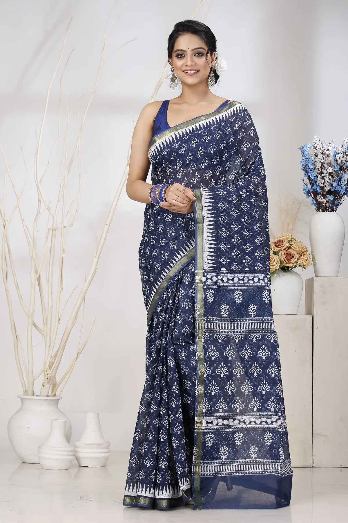 DipDiya Pure Cotton Dark Blue Mela Wrapped in Heritage Printed Handloom Sarees