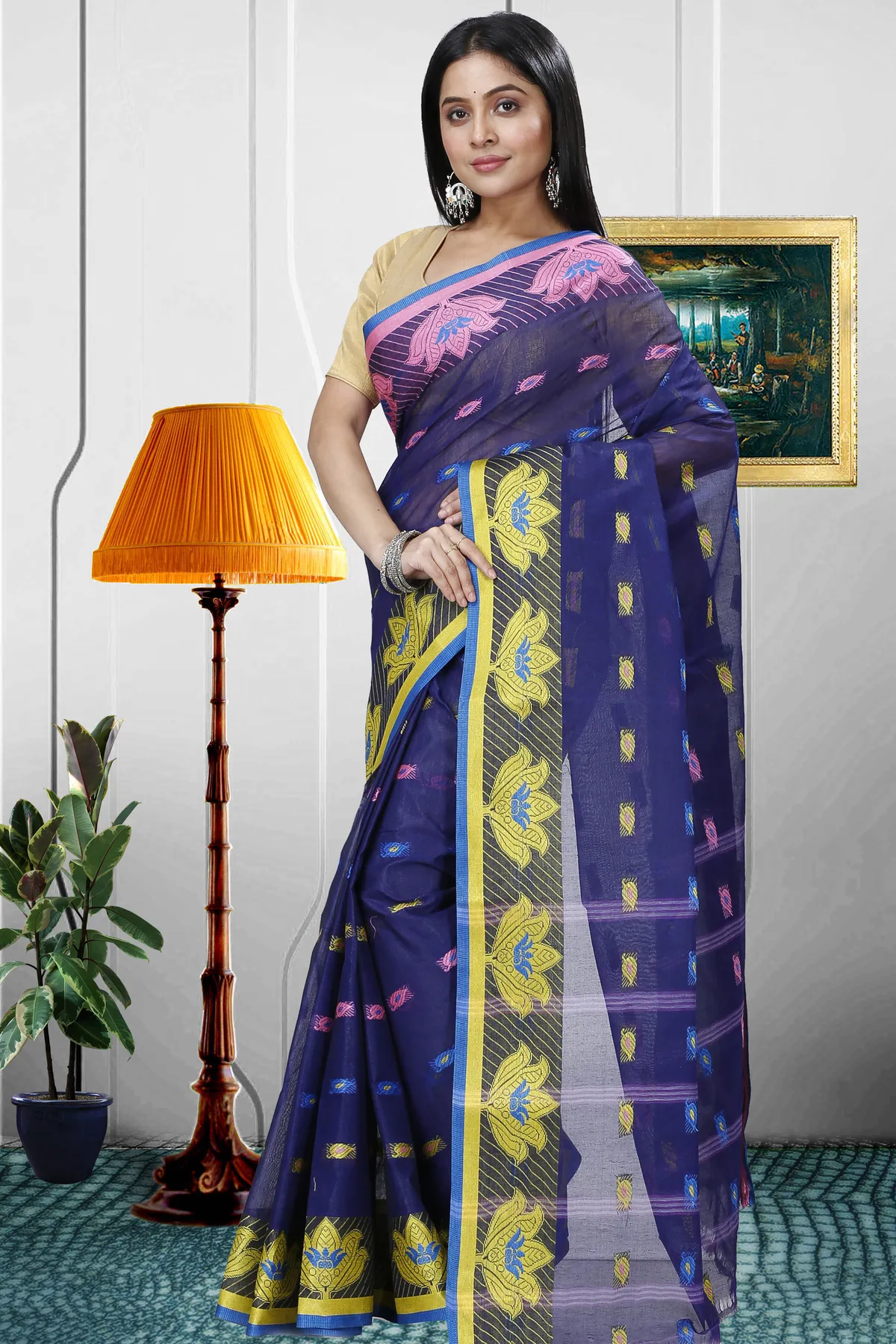 DipDiya Pure Cotton Dark Blue Nayan Heritage of Bengal Tant Sarees