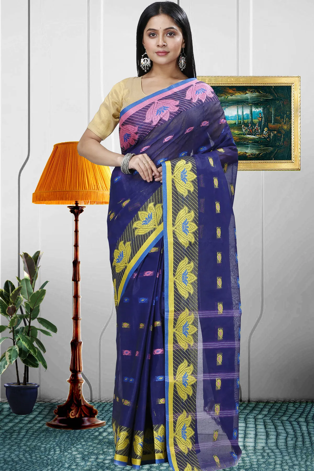 DipDiya Pure Cotton Dark Blue Nayan Heritage of Bengal Tant Sarees