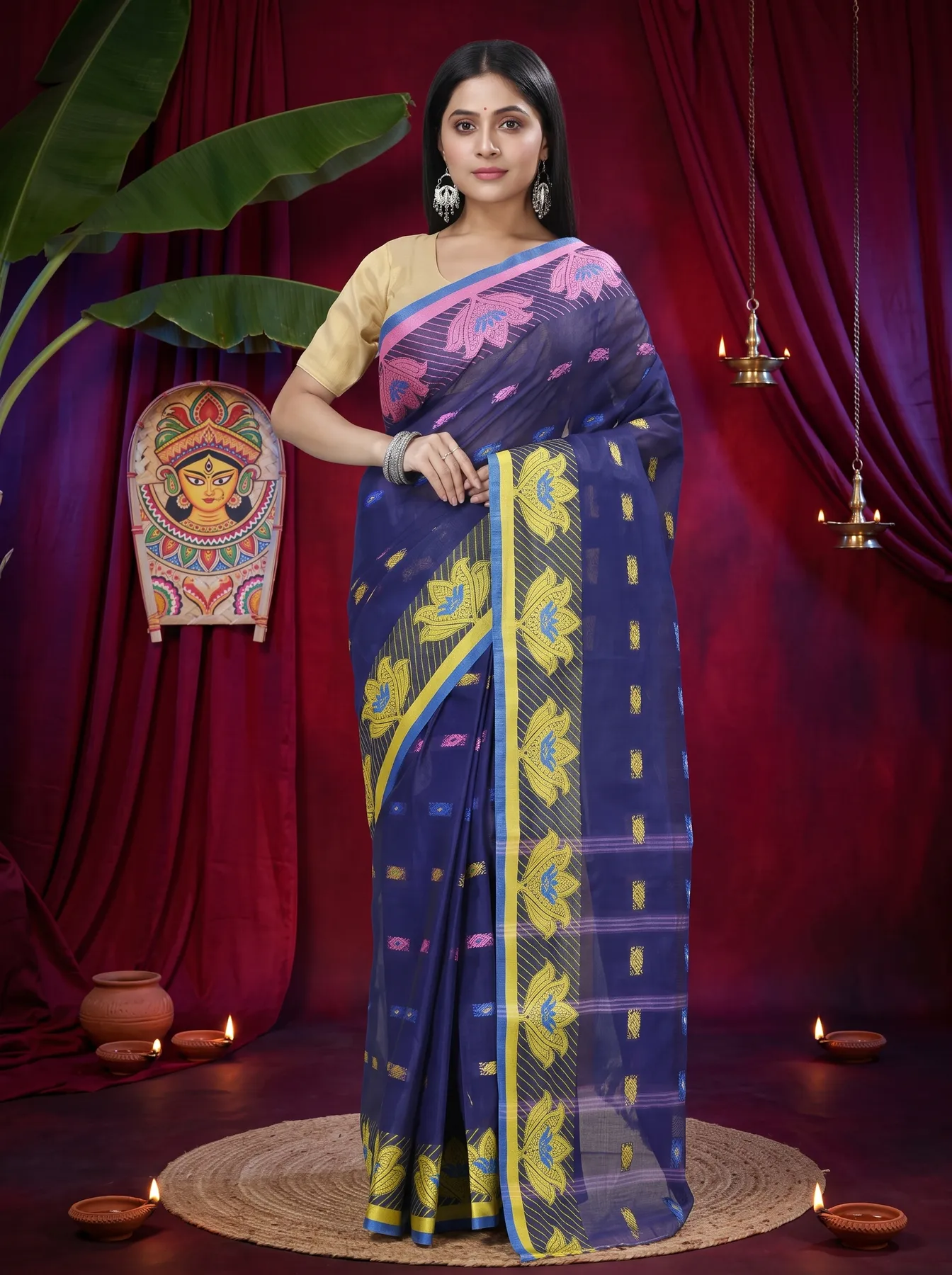 DipDiya Pure Cotton Dark Blue Nayan Heritage of Bengal Tant Sarees