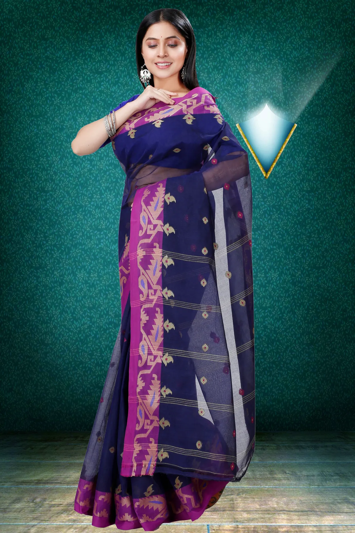 DipDiya Pure Cotton Dark Blue Nripa Classic Bengali Tant Sarees