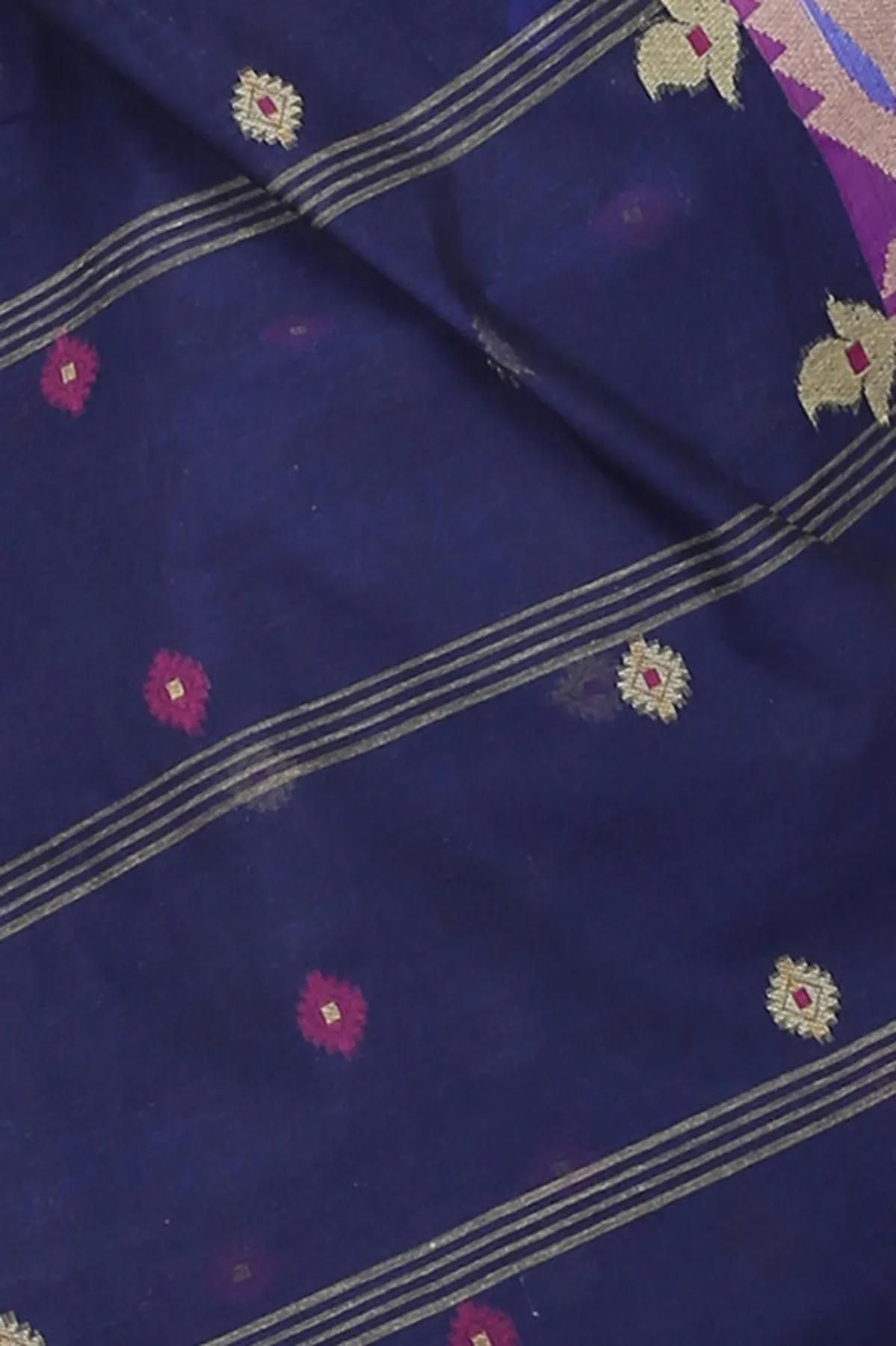 DipDiya Pure Cotton Dark Blue Nripa Classic Bengali Tant Sarees