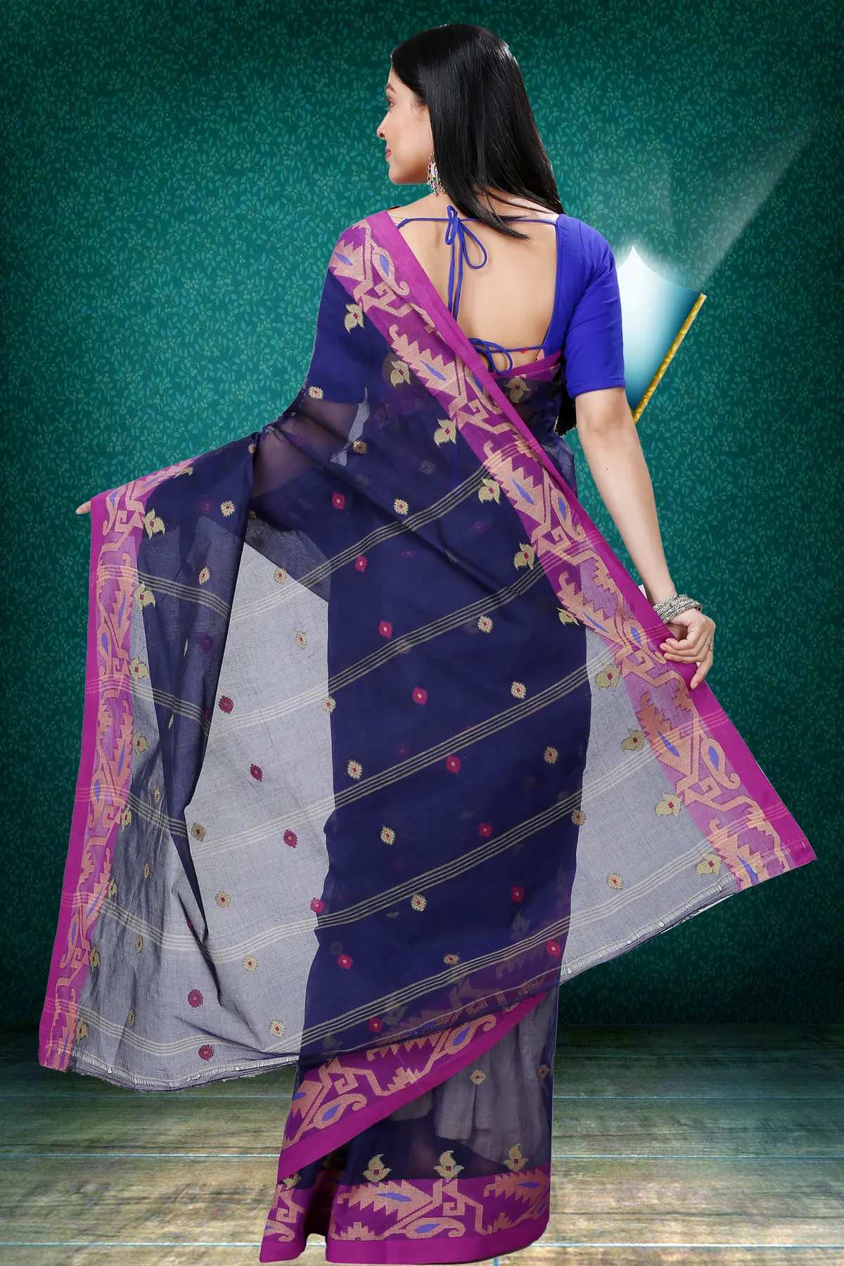 DipDiya Pure Cotton Dark Blue Nripa Classic Bengali Tant Sarees
