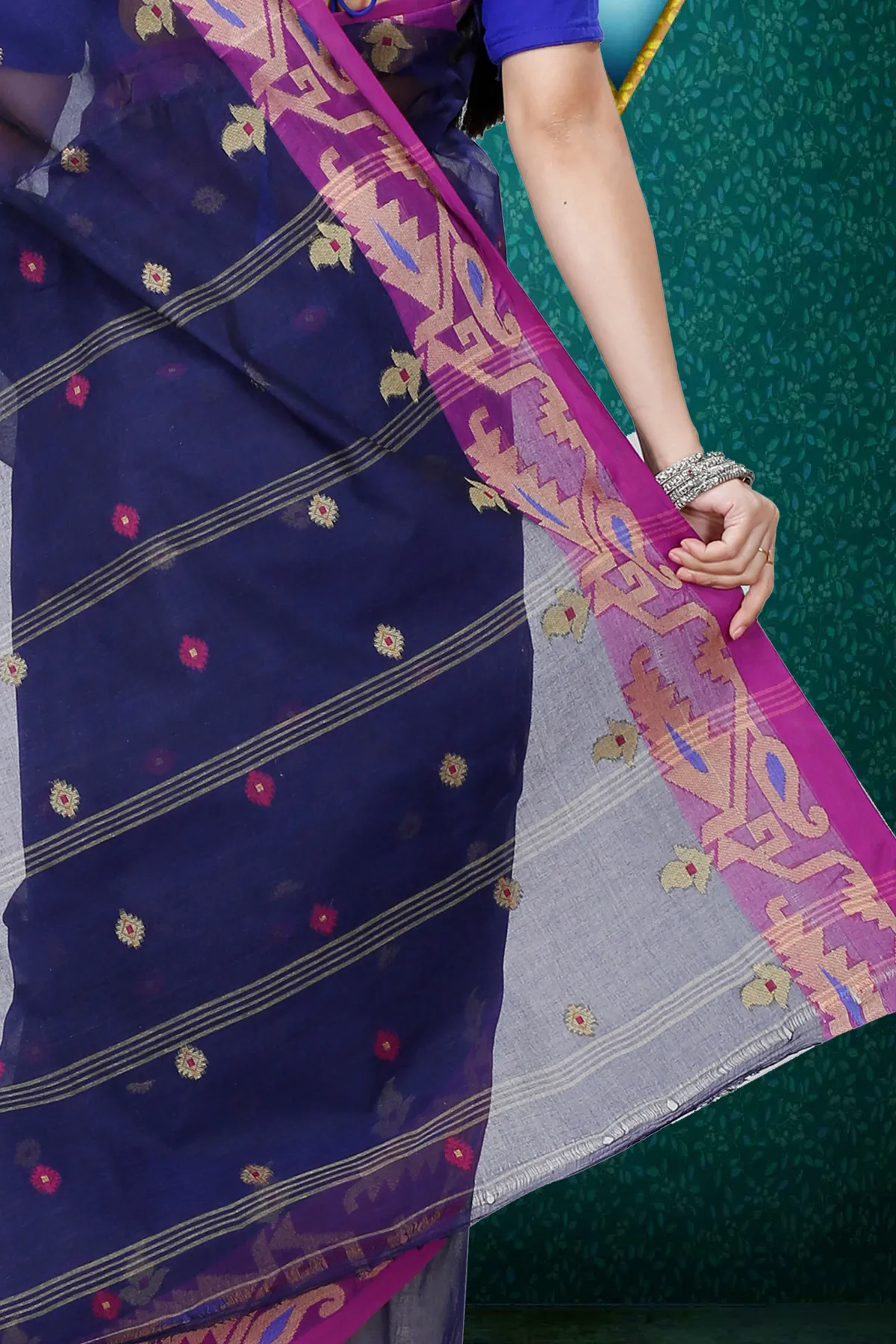 DipDiya Pure Cotton Dark Blue Nripa Classic Bengali Tant Sarees