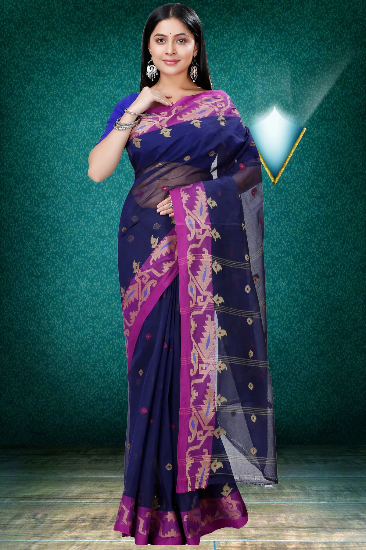 DipDiya Pure Cotton Dark Blue Nripa Classic Bengali Tant Sarees