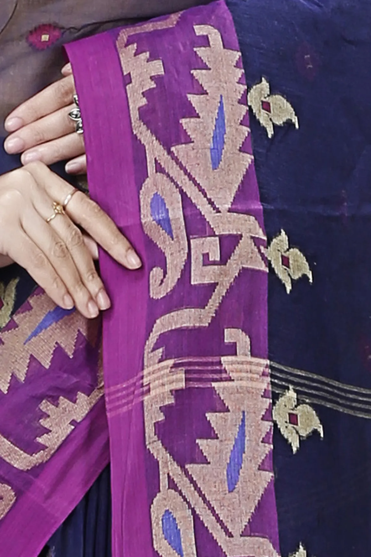DipDiya Pure Cotton Dark Blue Nripa Classic Bengali Tant Sarees