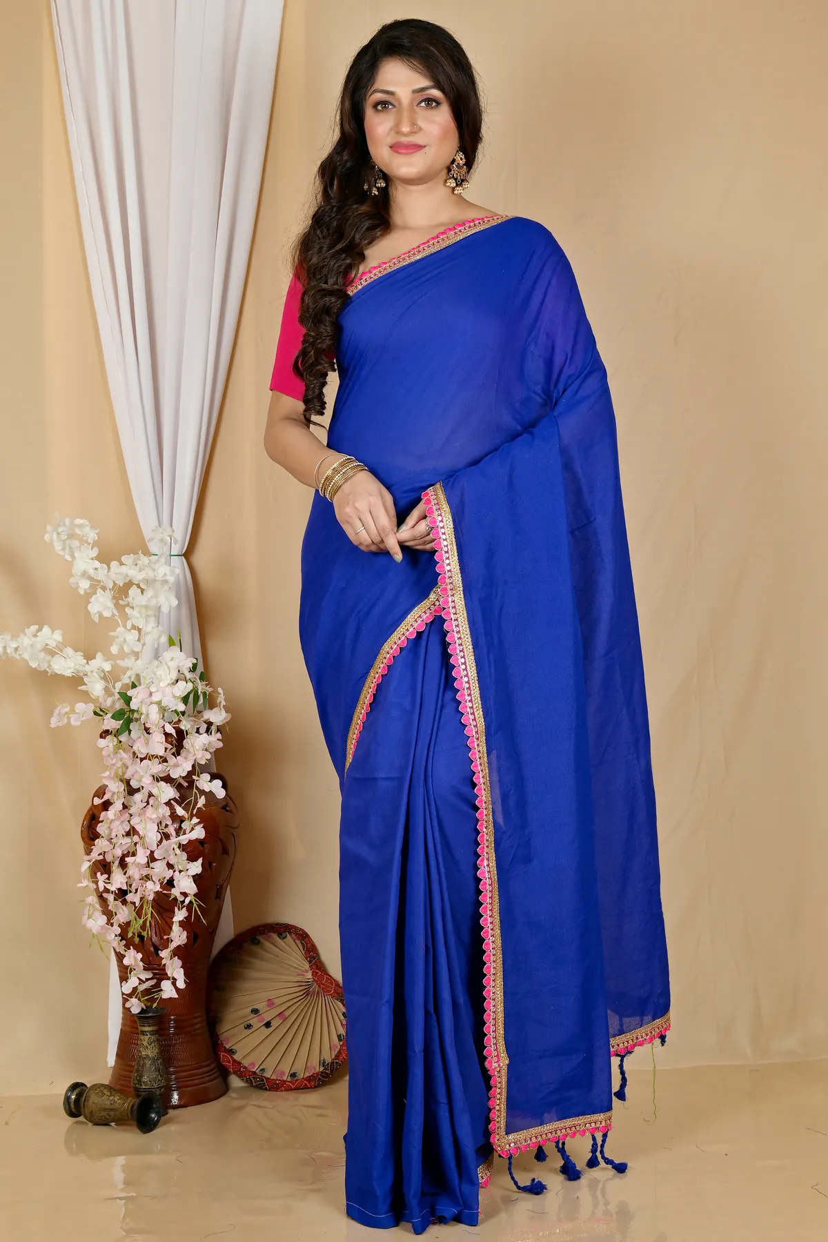 DipDiya Pure Cotton Dark Blue Thanli Artisan Woven Handloom Sarees