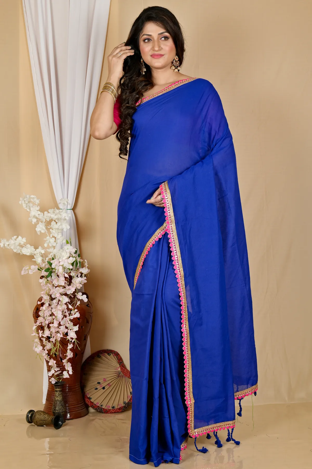 DipDiya Pure Cotton Dark Blue Thanli Artisan Woven Handloom Sarees