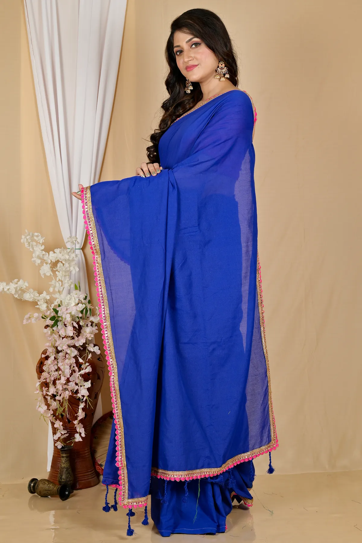 DipDiya Pure Cotton Dark Blue Thanli Artisan Woven Handloom Sarees