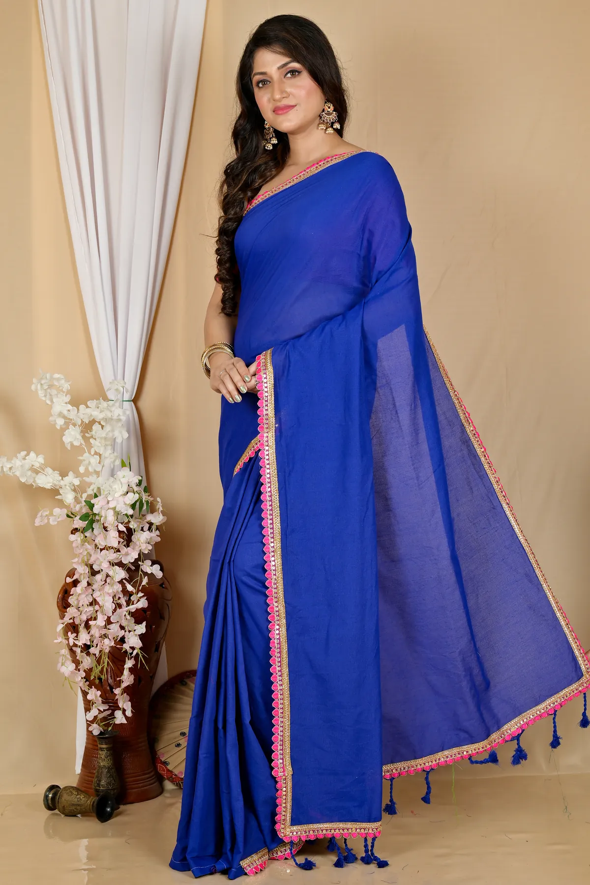 DipDiya Pure Cotton Dark Blue Thanli Artisan Woven Handloom Sarees