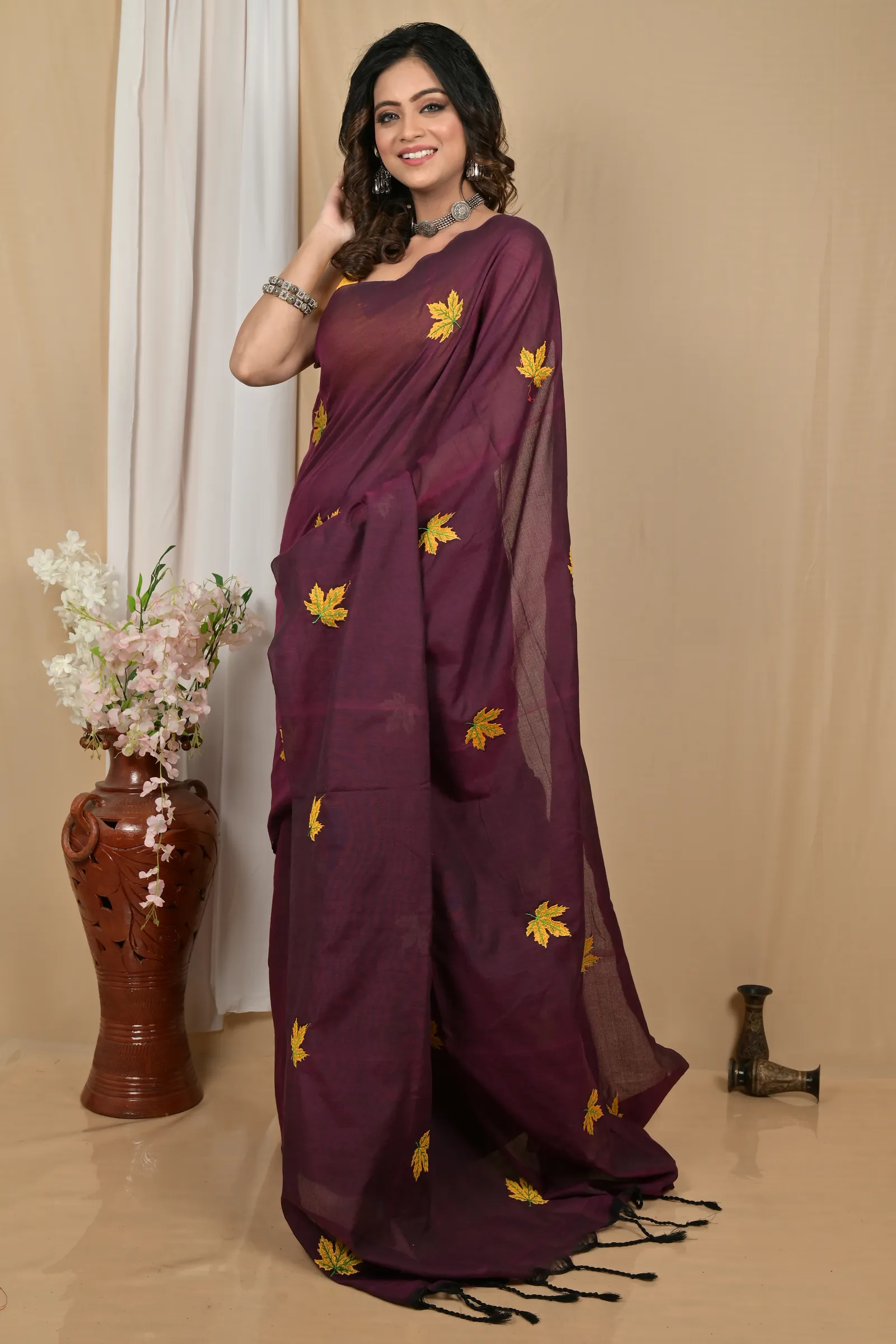 DipDiya Pure Cotton Dark Brown Achrun Heritage You Can Wear Embroidery Handloom sarees