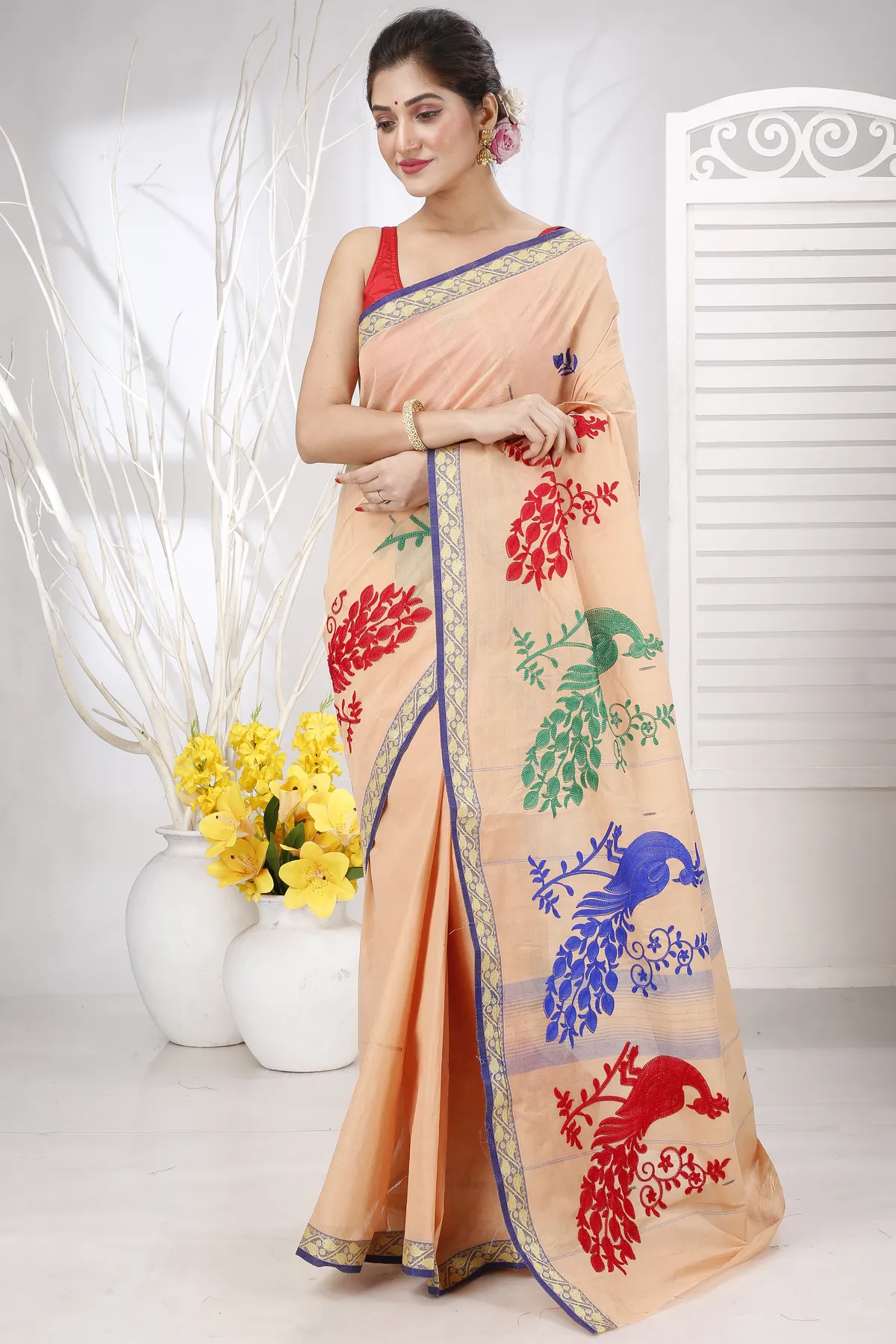 DipDiya Pure Cotton Dark Cream Embi Gaela Moyur Artisan Woven Embroidery Tant Sarees