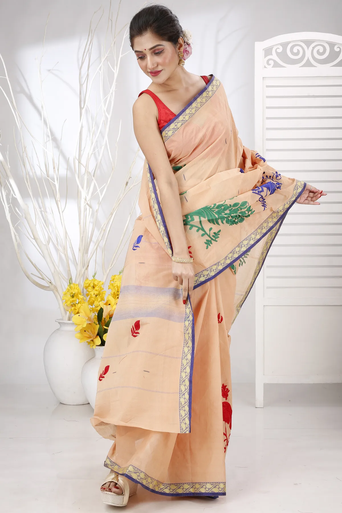 DipDiya Pure Cotton Dark Cream Embi Gaela Moyur Artisan Woven Embroidery Tant Sarees