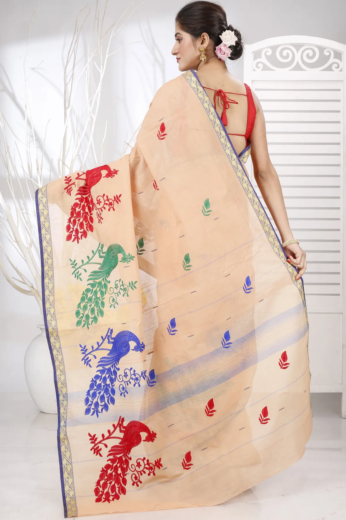 DipDiya Pure Cotton Dark Cream Embi Gaela Moyur Artisan Woven Embroidery Tant Sarees