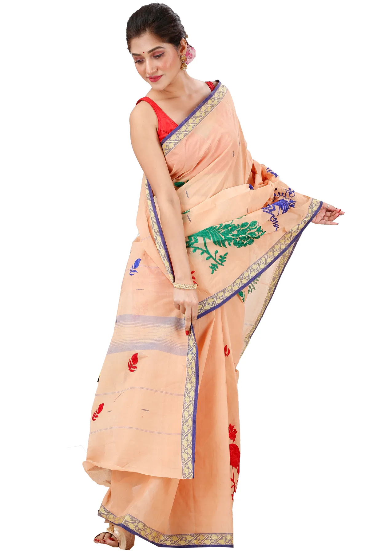 DipDiya Pure Cotton Dark Cream Embi Gaela Moyur Artisan Woven Embroidery Tant Sarees
