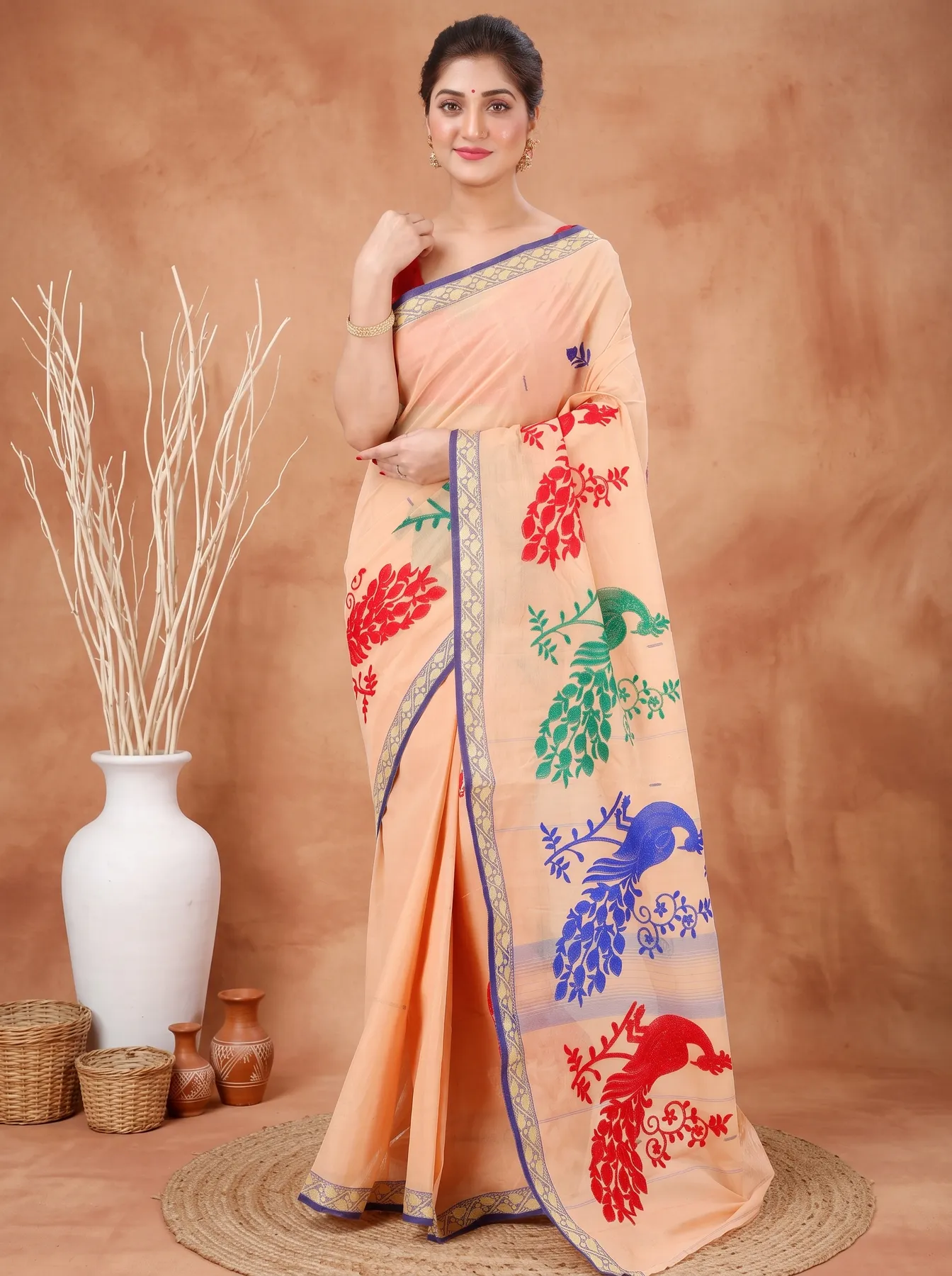 DipDiya Pure Cotton Dark Cream Embi Gaela Moyur Artisan Woven Embroidery Tant Sarees