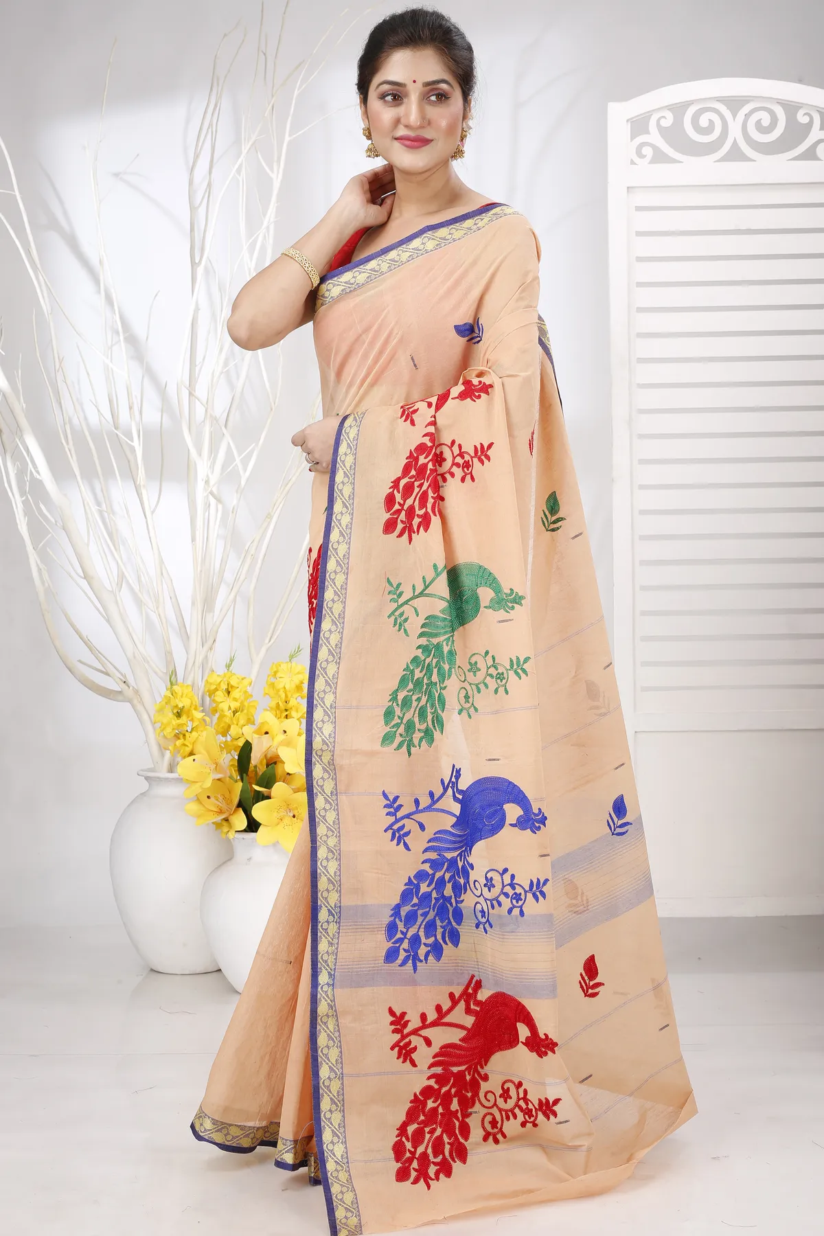 DipDiya Pure Cotton Dark Cream Embi Gaela Moyur Artisan Woven Embroidery Tant Sarees