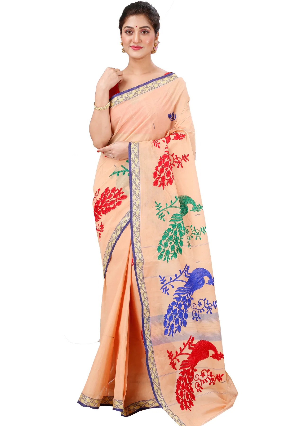 DipDiya Pure Cotton Dark Cream Embi Gaela Moyur Artisan Woven Embroidery Tant Sarees