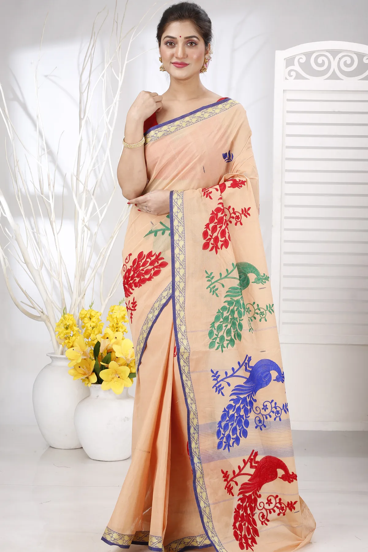 DipDiya Pure Cotton Dark Cream Embi Gaela Moyur Artisan Woven Embroidery Tant Sarees