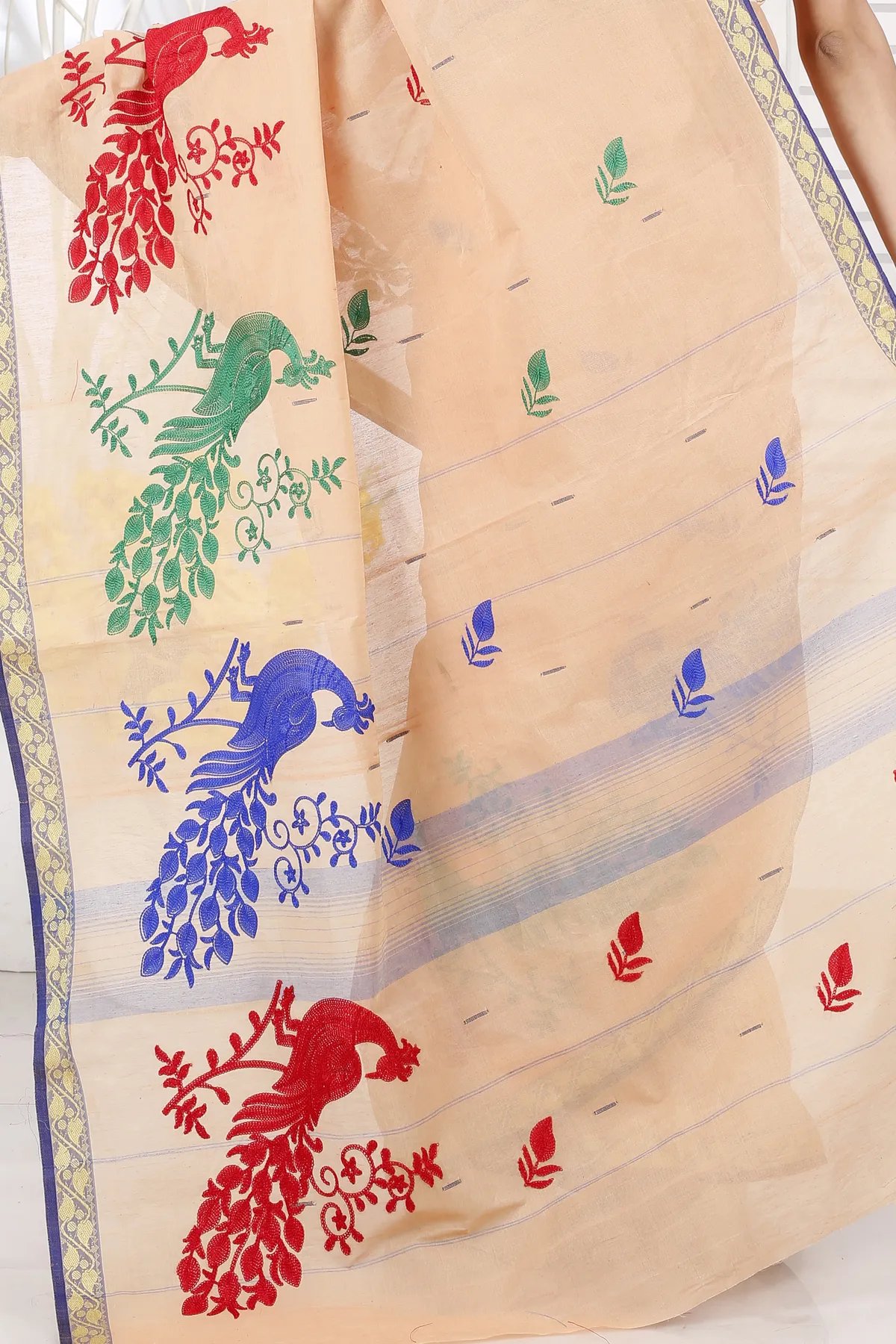 DipDiya Pure Cotton Dark Cream Embi Gaela Moyur Artisan Woven Embroidery Tant Sarees